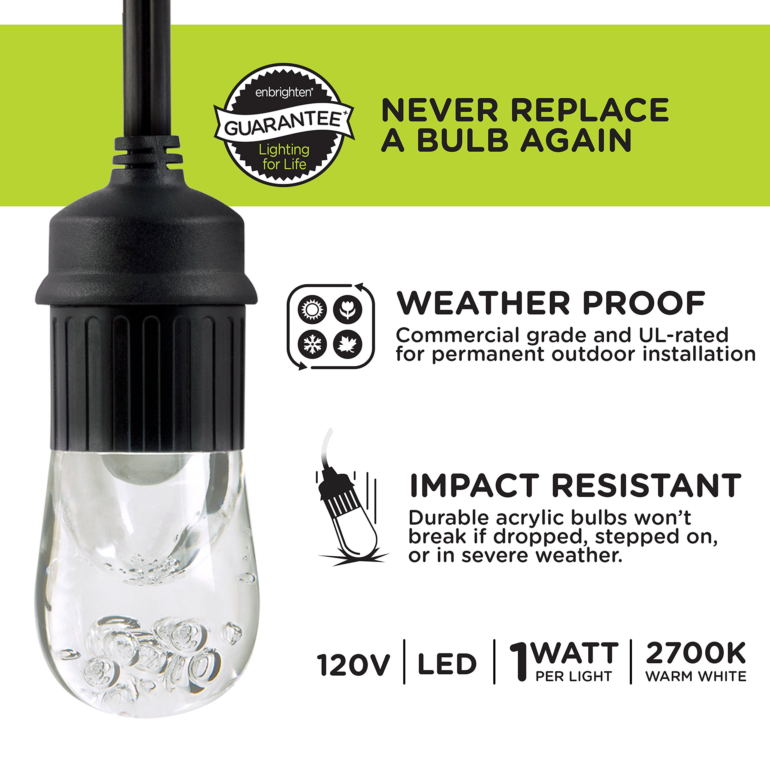 Enbrighten 24ft Outdoor String Lights with 12 Shatterproof Acrylic Bulbs - Classic Warm White LED Lights, Black Weatherproof Cord for Patio, Garden, Backyard & Wedding Decor