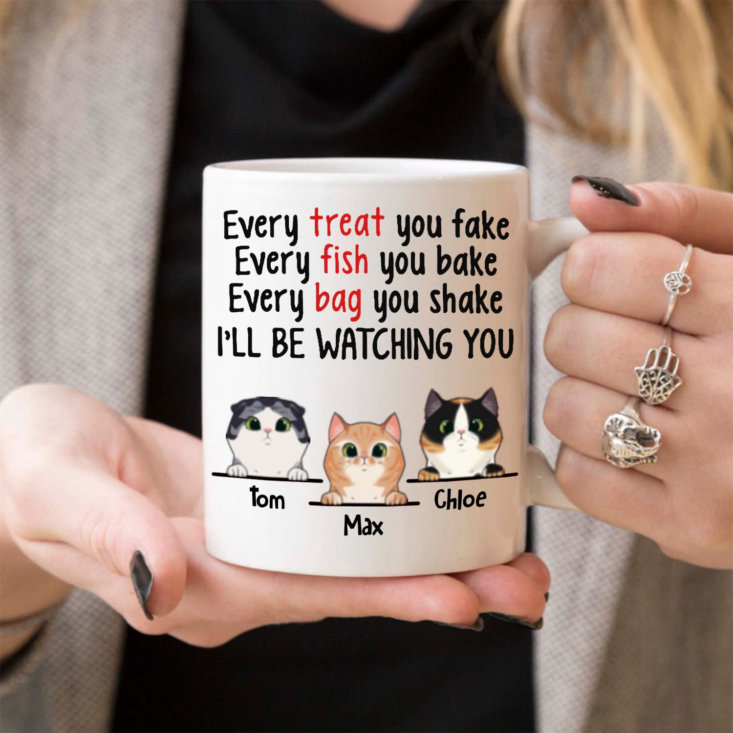 Personalized Funny Cat Coffee Mug - Custom 'Every Fish You Bake I'll Be Watching You' Design - 11oz White Ceramic Cup for Cat Lovers, Pet Parents - Choose Cat Breed & Name - Perfect Gift for Cat Moms & Dads - Great for Coffee, Tea, or Office Use