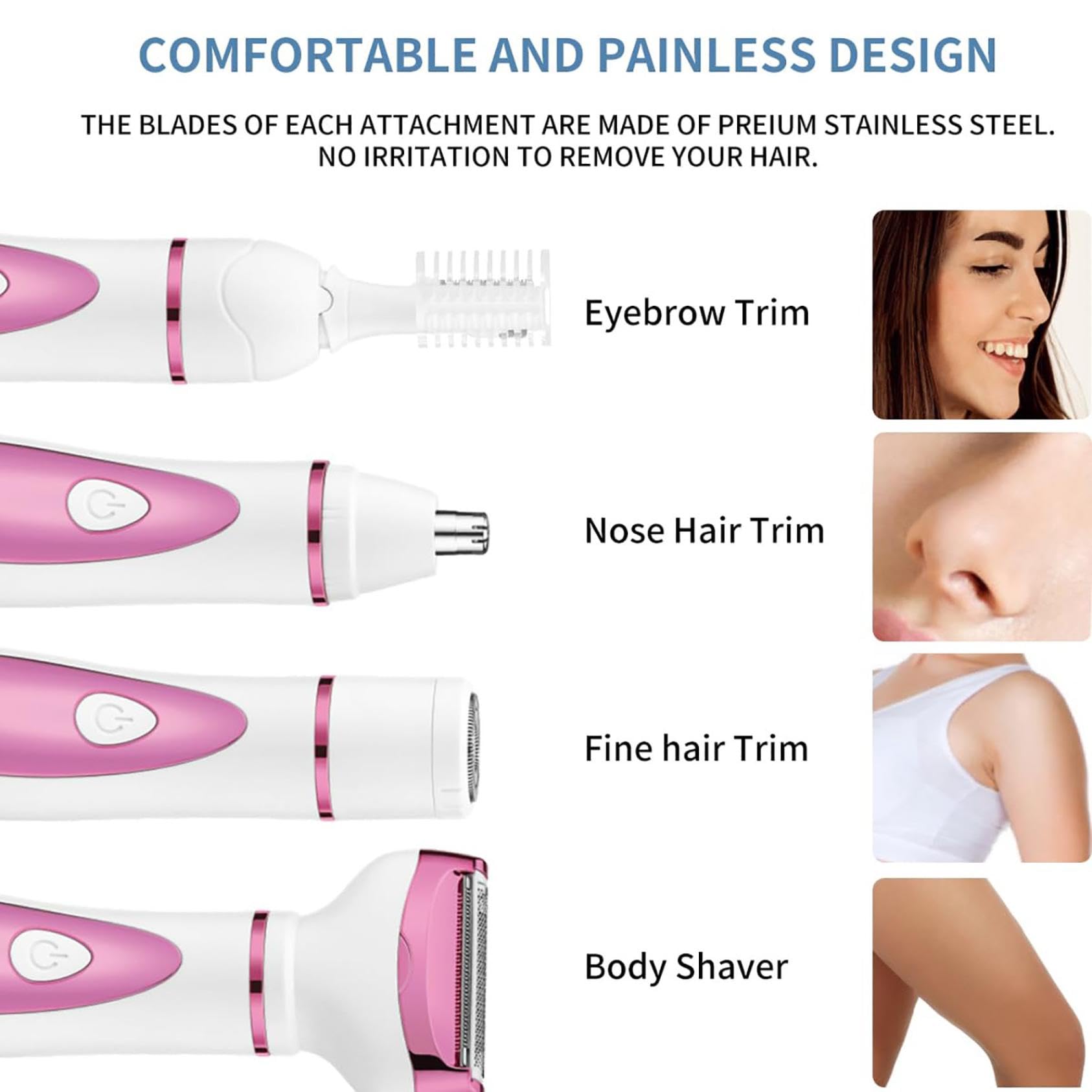 Professional 4-in-1 Rechargeable Electric Hair Trimmer for Men & Women - Painless Body Shaver, Facial Epilator & Bikini Grooming Kit for Legs, Underarms & Smooth Skin Care | Perfect for Home Use, Travel & Personal Grooming (Pink)