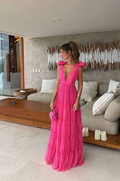 Elegant Hot Pink Backless Long Prom Dress with V-Neck & Tulle Skirt - Formal Evening Gown 2179 | Perfect for Homecoming, Prom Night, Wedding Guest & Special Occasions