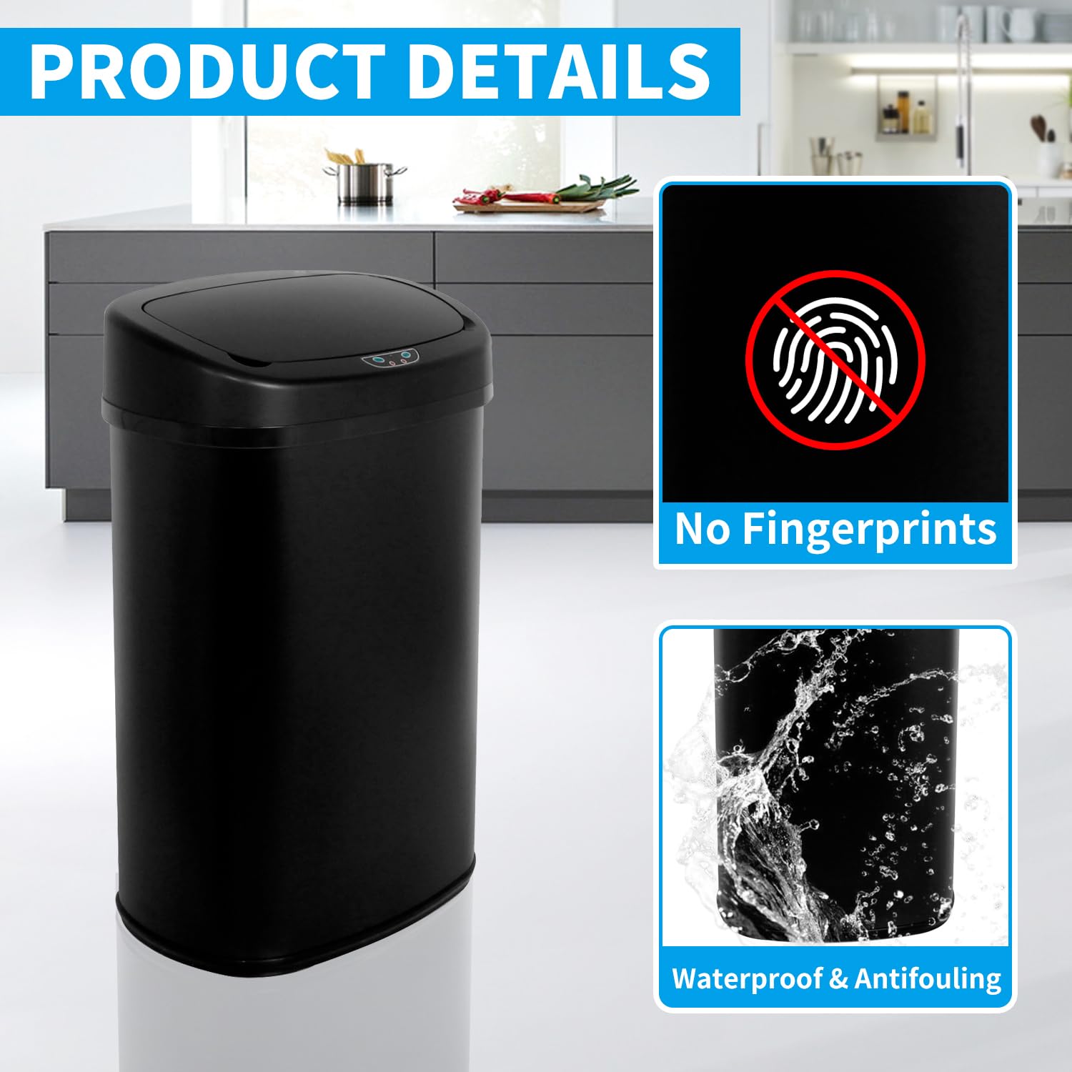 BLKMTY 13-Gallon Stainless Steel Automatic Trash Can with Motion Sensor - 50L Touch-Free Garbage Bin with Lid for Kitchen, Office & Bathroom - Sleek Black Metal Waste Bin for Hands-Free Disposal & Hygiene