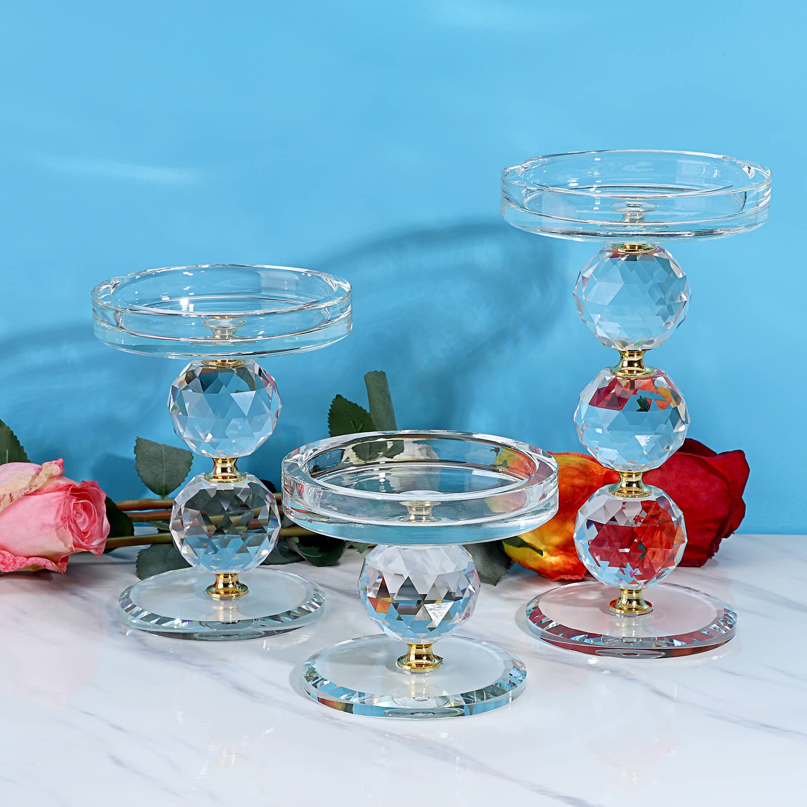 Set of 3 Gold Crystal Glass Pillar Candlestick Holders - Elegant Votive & Tea Light Candle Holders - Modern Candle Centerpiece for Wedding, Living Room, Dining Table Decor - Perfect for Romantic Dinners, Holiday Decorations & Special Events