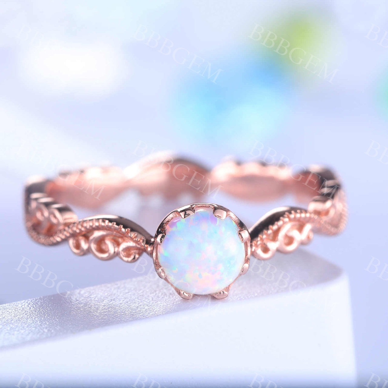 Floral Opal Ring for Women - Rose Gold Wedding Band with Filigree Milgrain Solitaire, October Birthstone Jewelry | Perfect for Engagement, Anniversary Gift & Everyday Wear