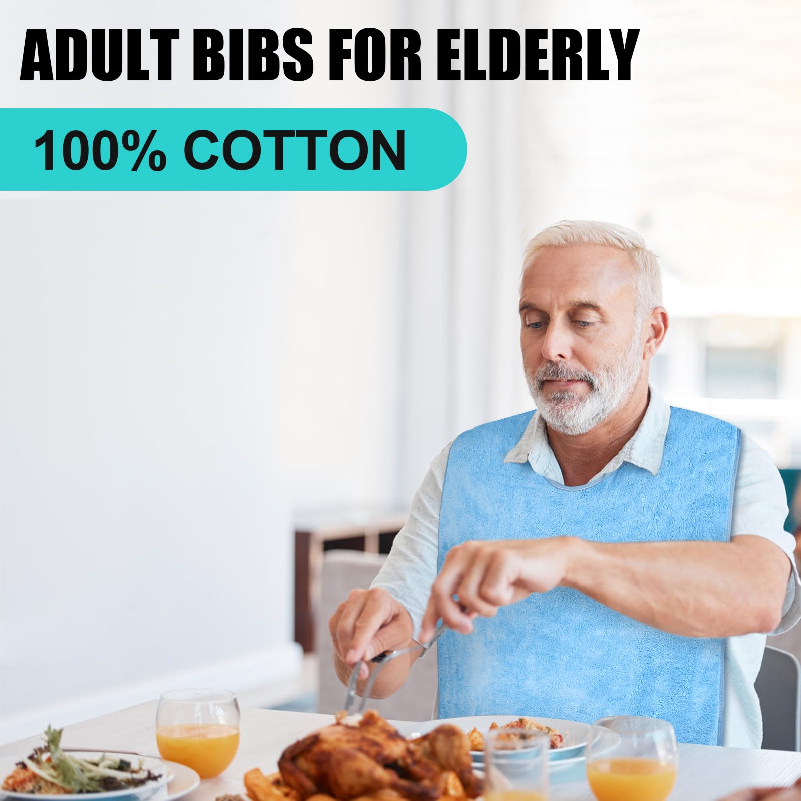 **4 Pack Reusable Adult Bibs for Men & Women - Waterproof Terry Cloth Bibs for Elderly & Seniors - Perfect for Dining, Travel & Mealtime Protection**