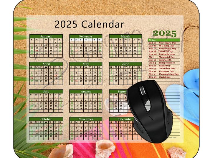 2025 Calendar Mouse Pad with US Holidays - Non-Slip Beach Sand Flip Flops Design & Stitched Edges - Perfect for Office, Gaming & Home Computer Use