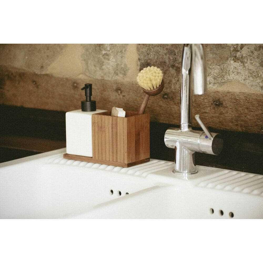 Premium Ceramic & Bamboo Dish Soap and Brush Holder Set - Kitchen Sink Organizer for Sponge, Scrubber & Liquid Soap Dispenser - Perfect for Modern Farmhouse, Rustic & Minimalist Kitchen Decor