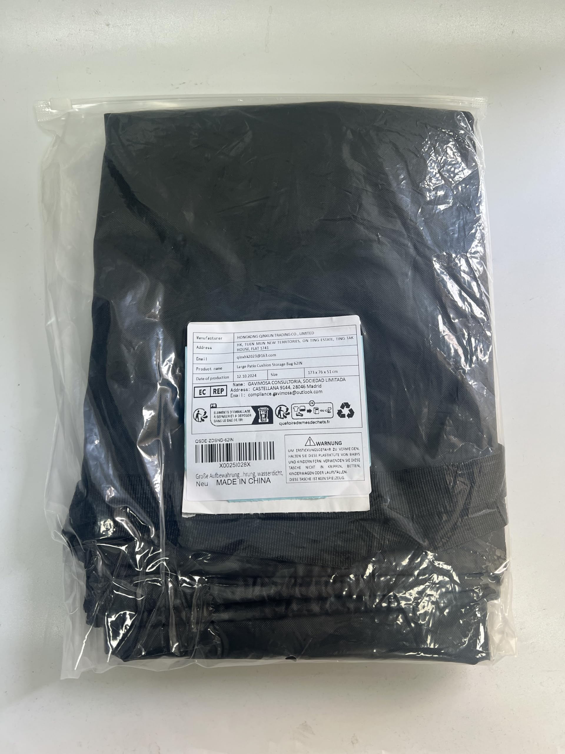 Large Heavy Duty 420D Waterproof Patio Cushion Storage Bag with Zipper & Handles - 62