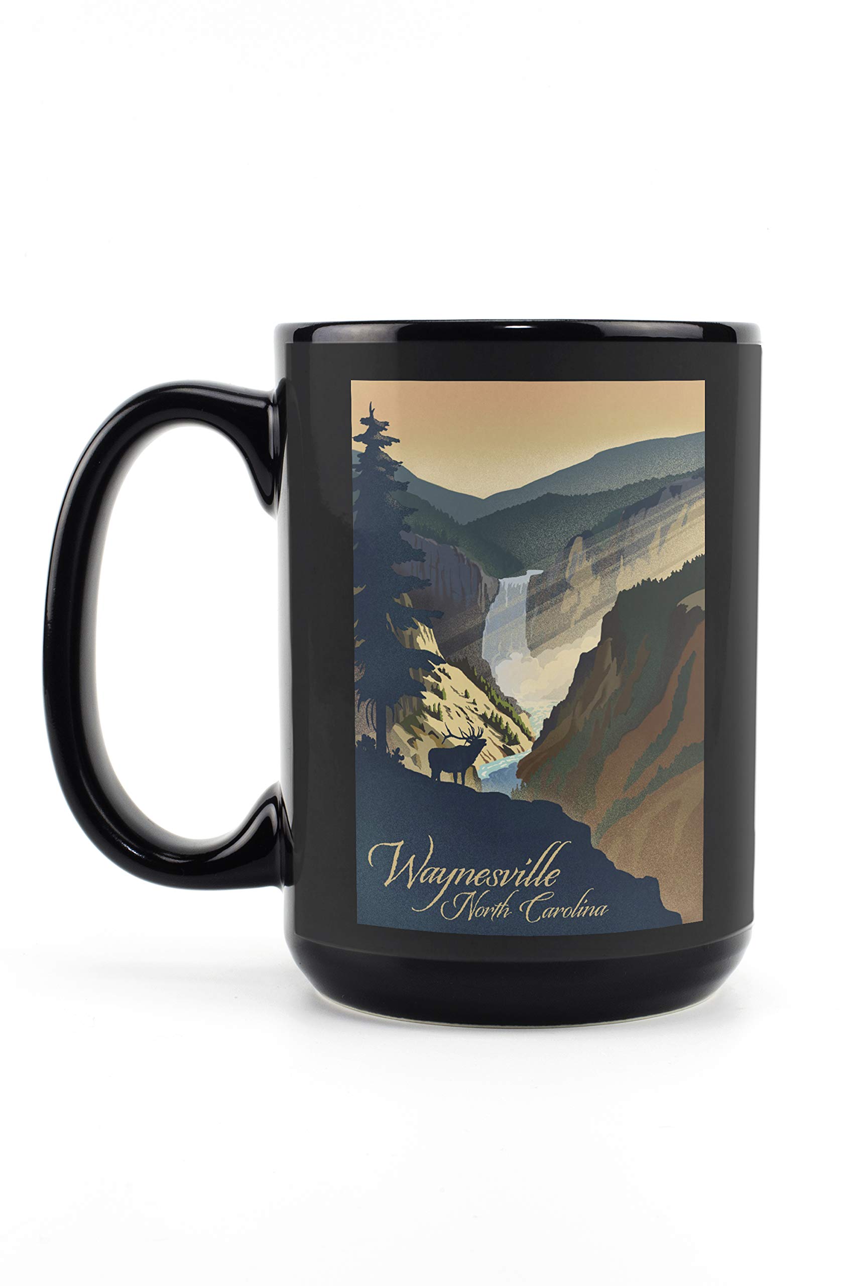 Lantern Press Waynesville North Carolina Elk & Falls Lithograph 15oz Black Ceramic Coffee Mug - Dishwasher & Microwave Safe - Perfect for Home, Office & Outdoor Use