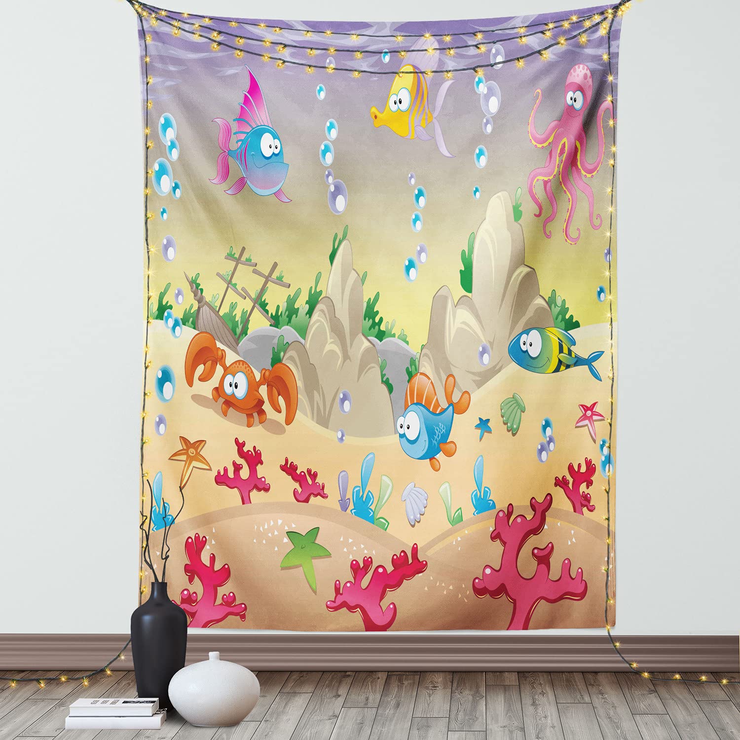 Ambesonne Underwater Tapestry - Cartoon Sea Animals, Fish, Sunken Ship & Coral Reef Wall Art | 40x60 Inch Colorful Ocean Theme Decor for Bedroom, Living Room, Dorm | Perfect for Beach House, Kids Room & Underwater Fantasy Decor
