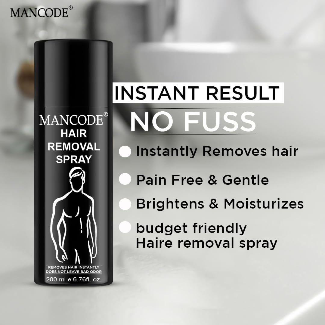 Mancode Hair Removal Spray for Men - Painless Body Hair Remover for Back, Chest, Legs, Arms & Intimate Areas - Fast Acting in 3-6 Minutes - 200ml - Ideal for Smooth Skin Before Beach, Gym or Date Night