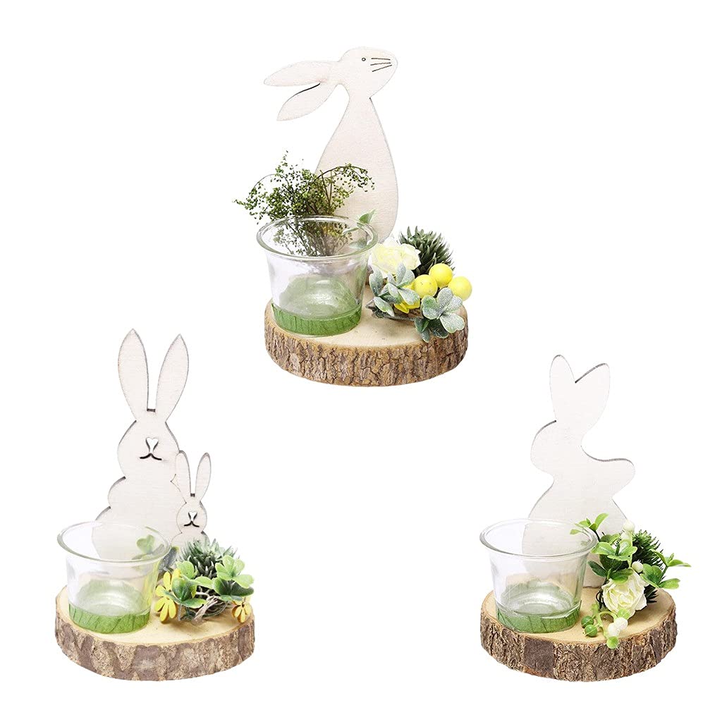 Nordic Style Easter Bunny Candle Holder Set - Cute Wooden Rabbit Glass Cup Decor for Easter, Spring Home Decor, Table Centerpiece, Holiday Party Decoration