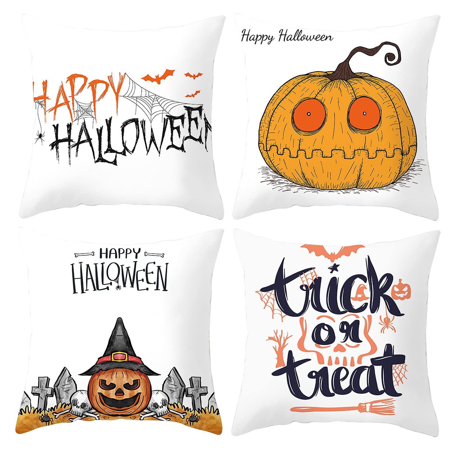Halloween Throw Pillow Covers Set of 4 - 20x20 Inch Pumpkin Trick or Treat Square Cushion Covers for Sofa, Bed, Chair - Perfect for Halloween Home Decor & Party Supplies