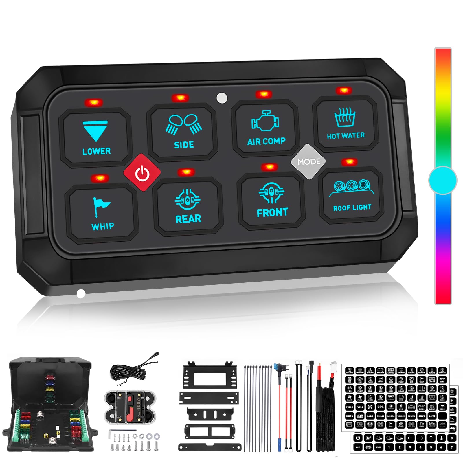 MAYELLO RGB 8 Gang Switch Panel with Memory Function - Auto-Dimmable Toggle Momentary Pulsed Multifunction Switch Panel Pod 12-24V Waterproof for Truck Boat UTV - Perfect for Off-Road Vehicles, Marine & RV Lighting Control (2-Year Warranty)