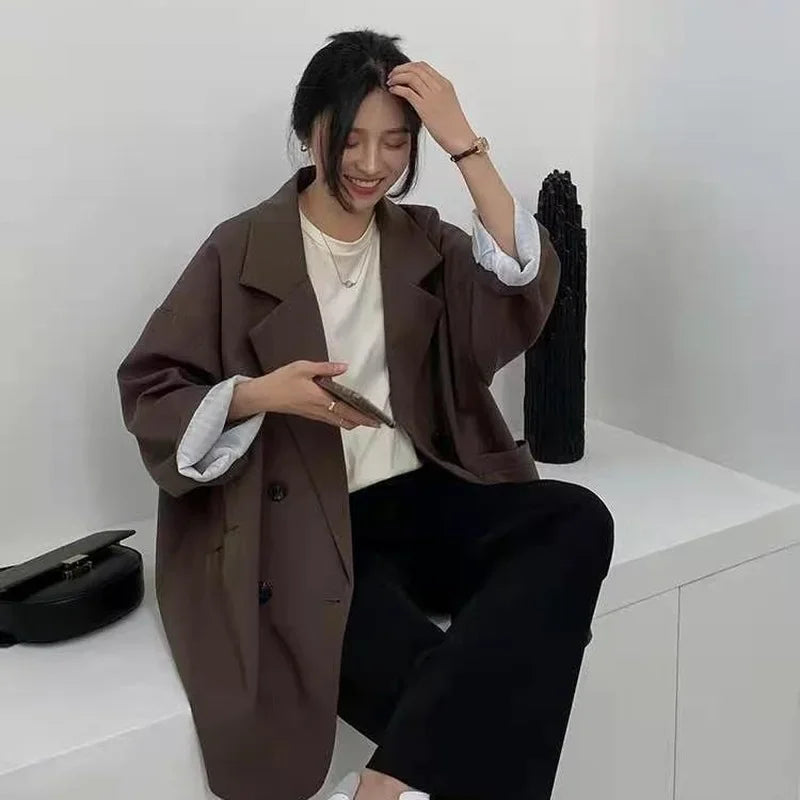 Women's Minimalist Solid Blazer Jacket - Elegant Loose Fit Retro Office Fashion Coat for Spring - High Street Feminine Outerwear for Work, Business Meetings & Casual Outings