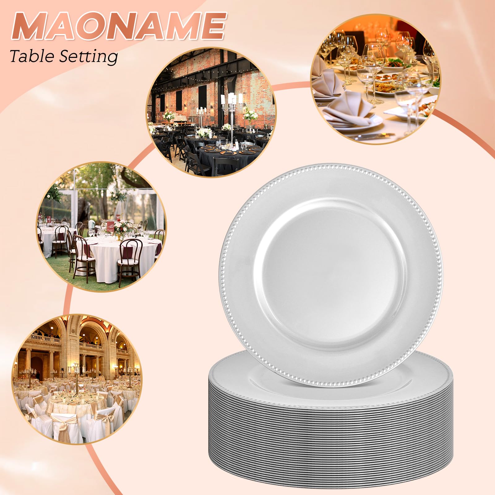 36 Pcs Silver Charger Plates - 13 Inch Round Reusable Plastic Dinner Plates for Wedding, Holiday Party, Baby Shower & Special Events - Elegant Table Decor for Formal Dining & Home Entertaining