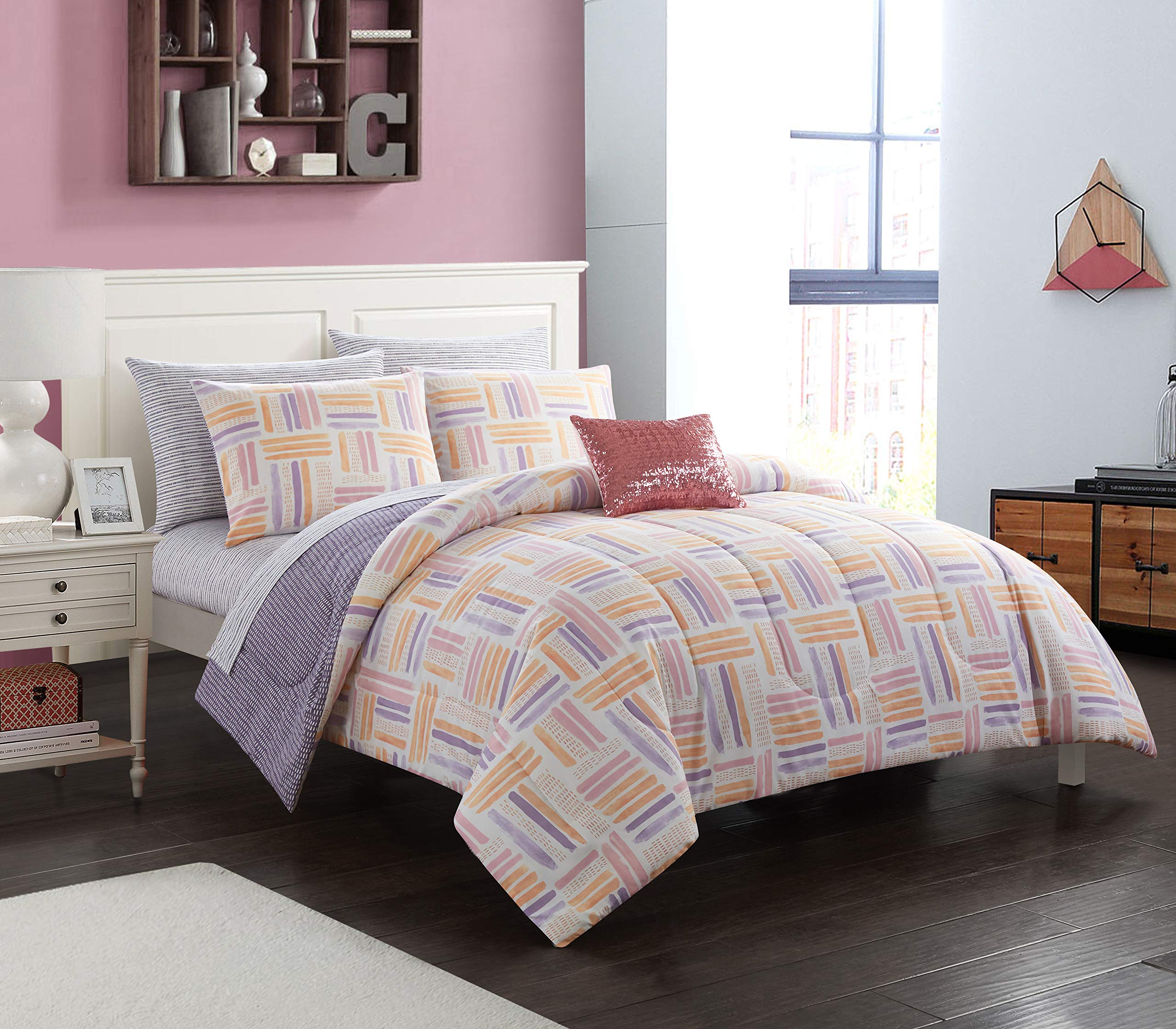 Laila Watercolor Bed in a Bag - Full Size Purple Comforter Set with Sheets & Pillowcases | Soft Bedding Collection for Cozy Bedroom Decor