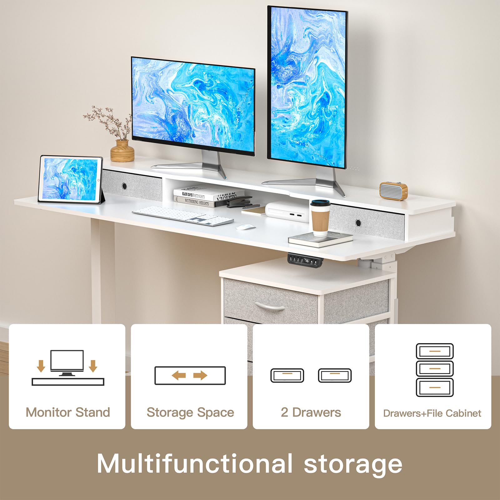 55 Inch Electric Height Adjustable Standing Desk with Cabinet & Drawers - Smart Home Office Computer Desk with Monitor Shelf, White - Perfect for Remote Work, Gaming & Ergonomic Workspace Setup