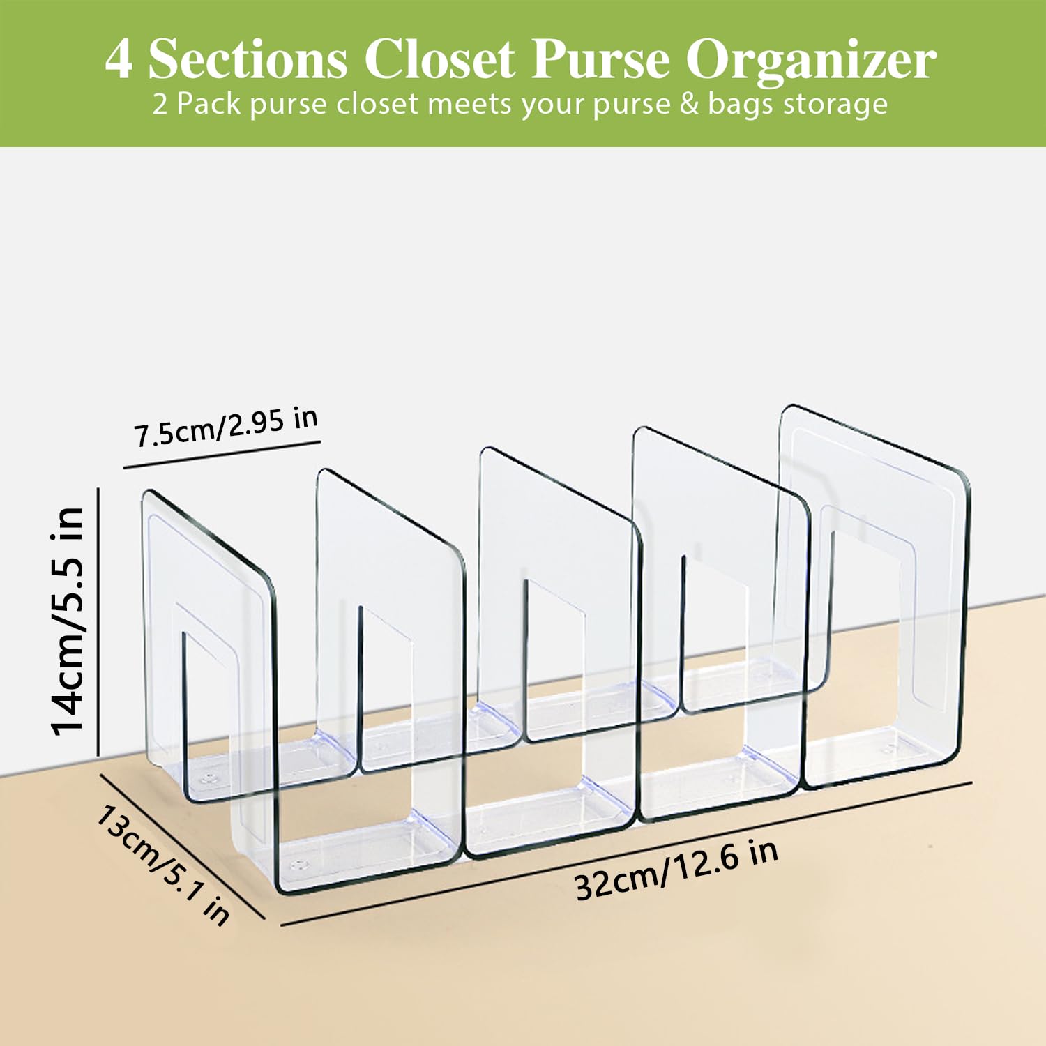 2 Pack Clear Acrylic Purse Organizers with 4 Sections - Perfect for Handbag, Jewelry & Makeup Storage in Bedroom, Office & Closet (Bright Transparent)
