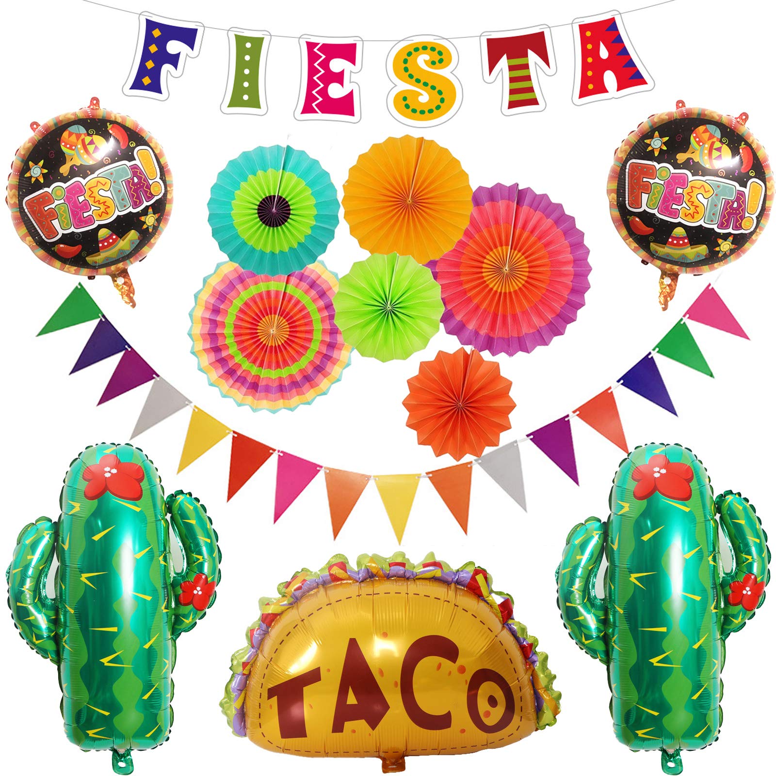 Mexican Fiesta Party Decorations Kit - Colorful Paper Fans, Triangle Banners, Cactus Balloons & Taco Decor for Cinco de Mayo, Birthday, Themed Events