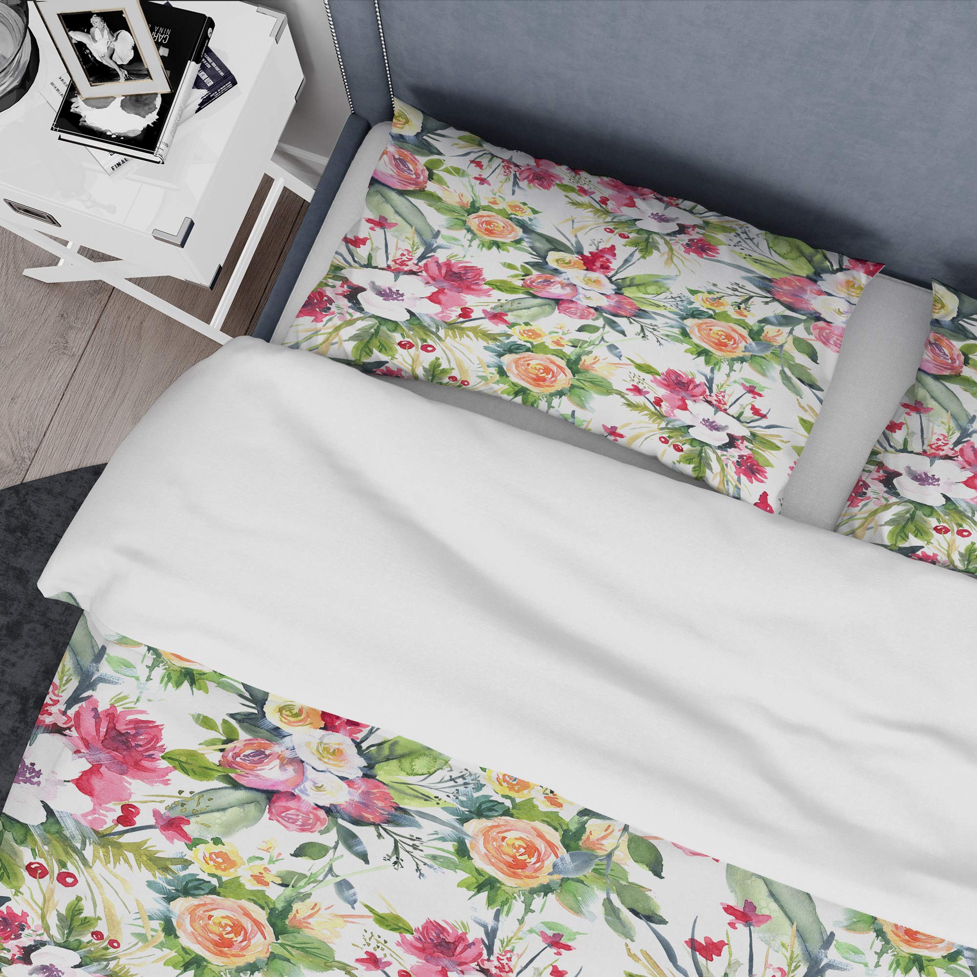 DesignQ Summer Wedding Floral Duvet Cover Set - Red, White & Yellow Nautical Coastal King Size (3-Piece) | All-Season Beach-Themed Bedding for Guest Rooms, Vacation Homes & Coastal Decor