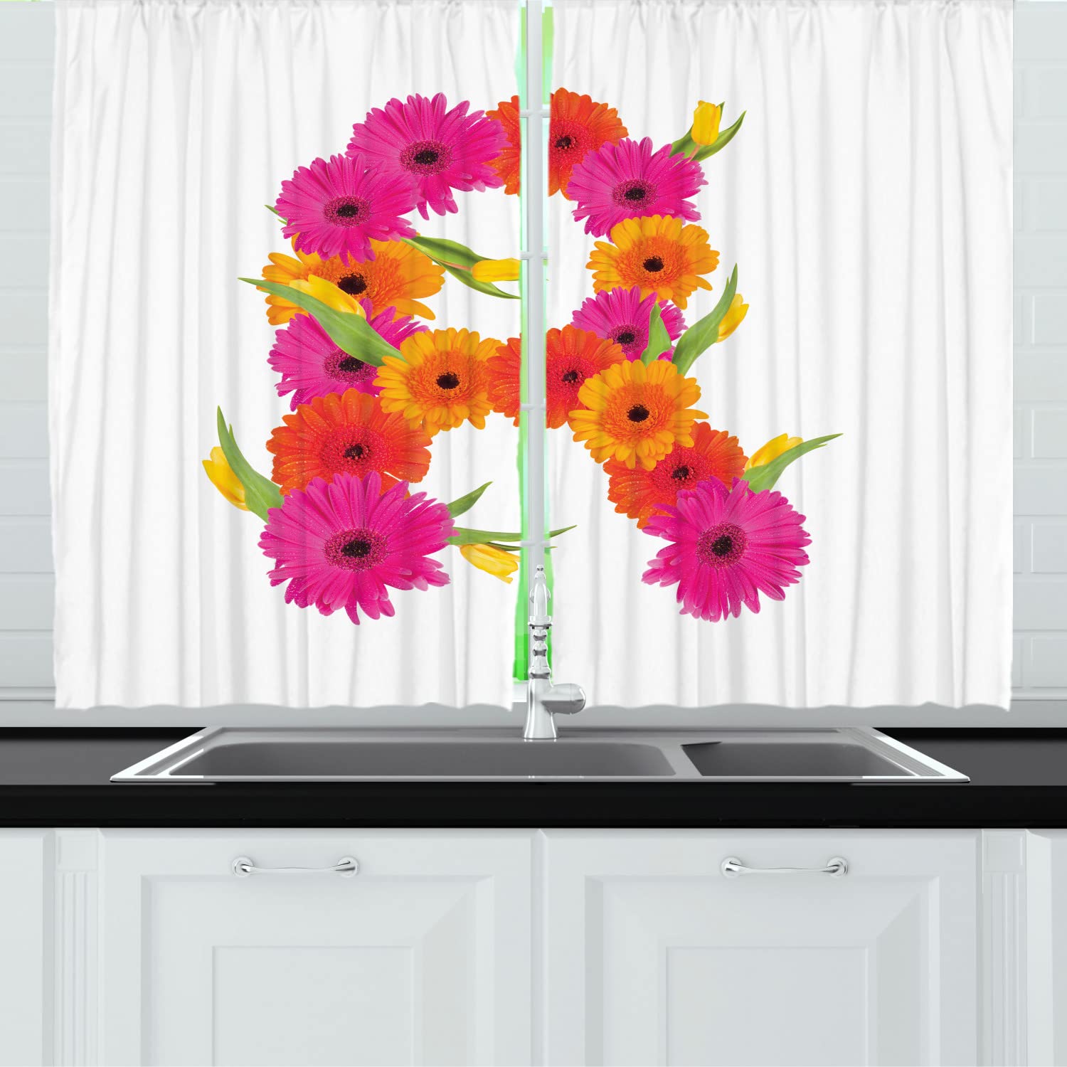 Ambesonne Floral Alphabet Kitchen Curtains - Spring Garden Letter R Design with Rod Pocket, 55x45 Inch, Marigold Hot Pink & Green - Perfect for Farmhouse, Cottage & Vintage Style Home Decor