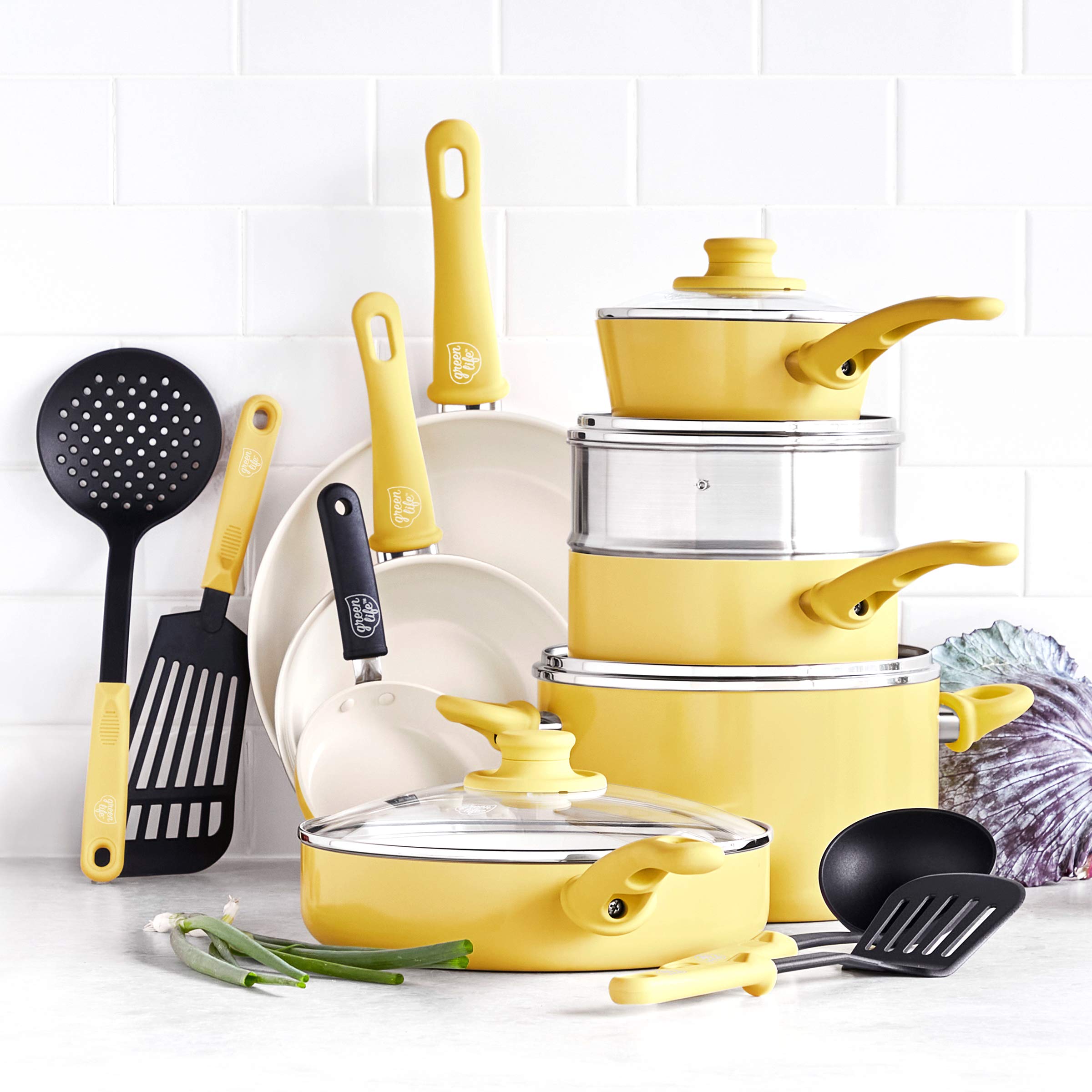 GreenLife 16-Piece Ceramic Nonstick Cookware Set with Kitchen Utensils & 2-Piece Bamboo Cutting Board Set - Yellow | Non-Toxic, PFOA-Free Pots & Pans for Healthy Cooking | Perfect for Frying, Boiling, Baking & Meal Prep