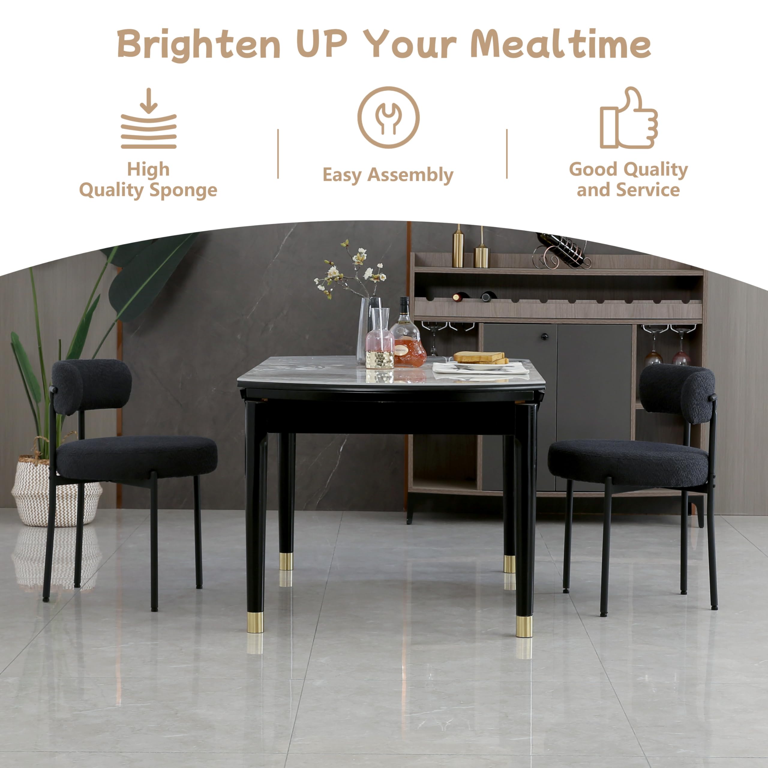 Black Dining Chairs Set of 2 - Round Upholstered Boucle Mid-Century Modern Kitchen Chairs with Curved Backrest & Metal Legs - Perfect for Dining Room, Kitchen Island & Small Space Decor
