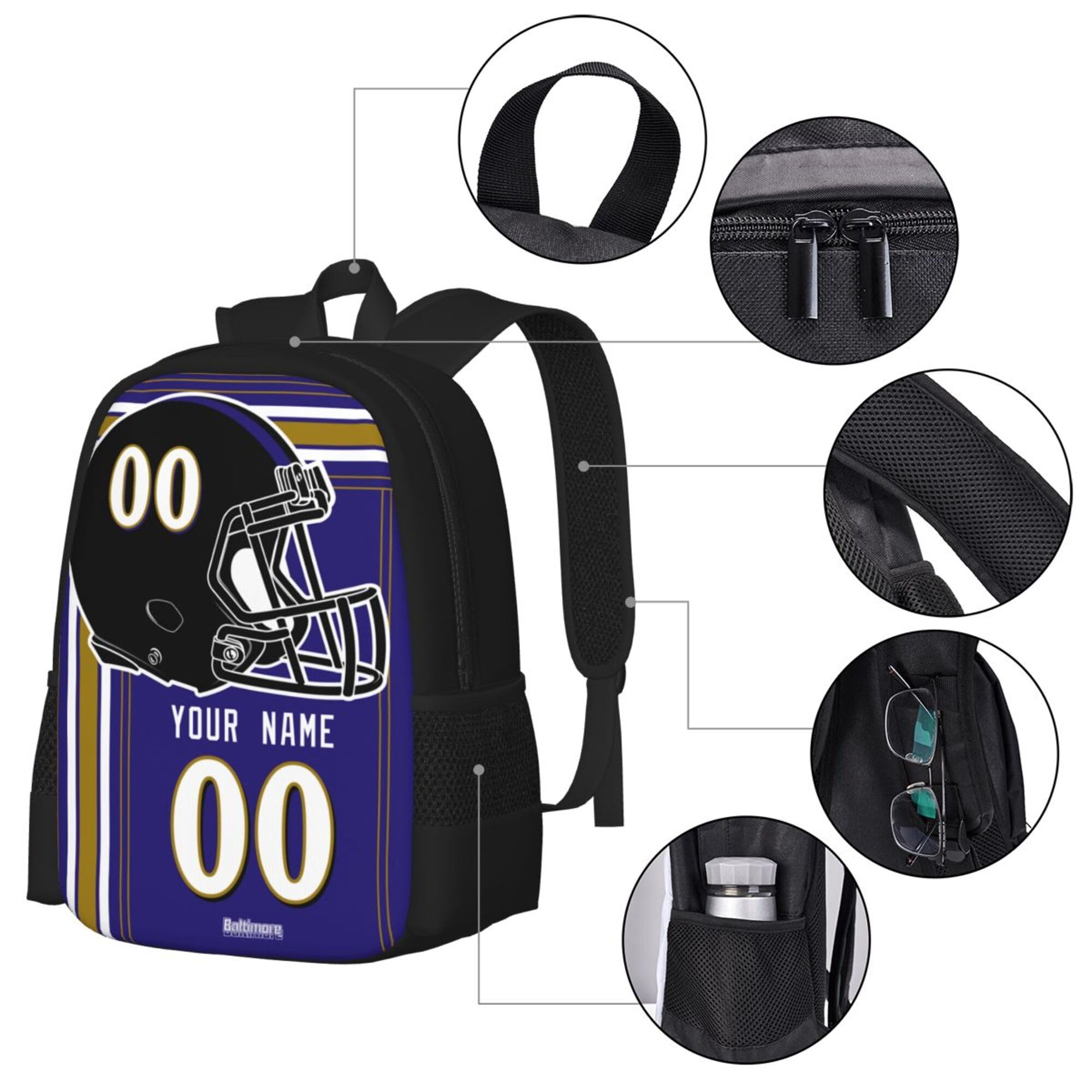 ANTKING Baltimore Backpack - Custom High Capacity Laptop Backpack with Personalized Name & Number - Perfect Gift for Kids, Men & Sports Fans - Ideal for School, Travel & Game Day