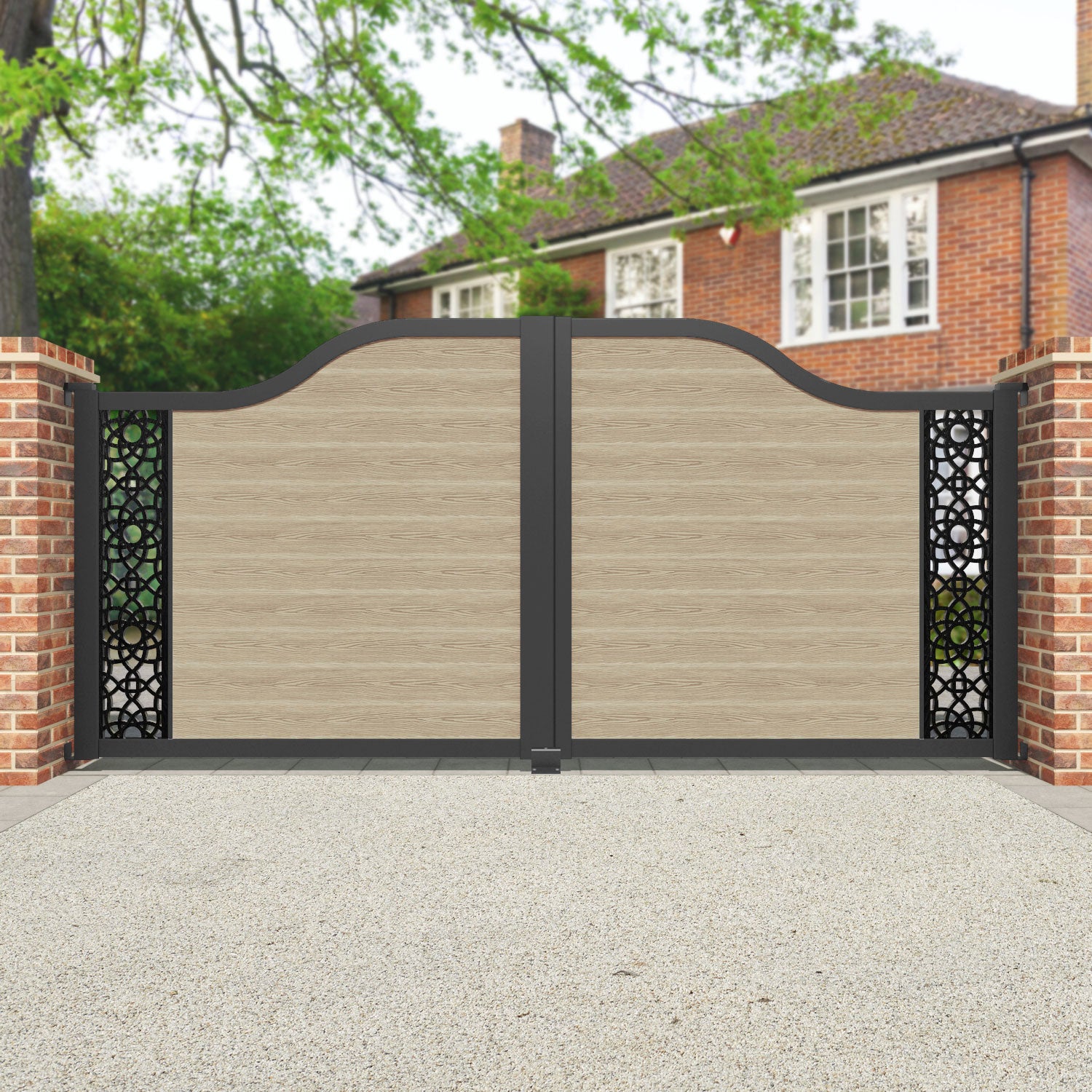 Classic Amber Curved Top Driveway Gate - Light Oak Finish - End Screen - Perfect for Home Entryways & Garden Security
