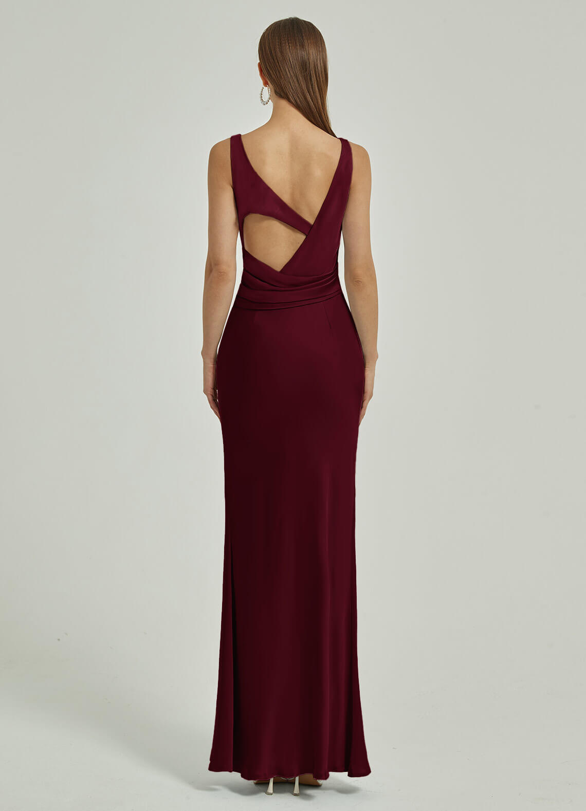 Elegant Burgundy Silk Satin Cowl Neck Sheath Dress | Backless Maxi Bridesmaid Gown for Weddings & Formal Events | Perfect for Evening Parties, Prom & Special Occasions