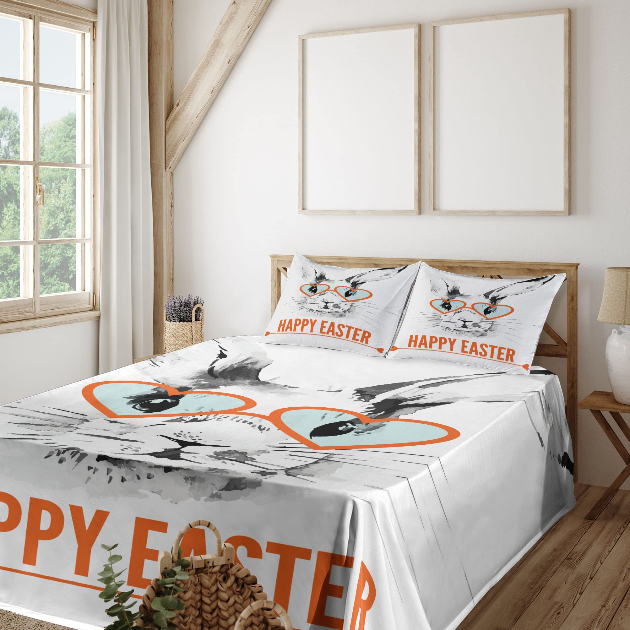 Ambesonne Happy Easter 4-Piece Sheet Set - Watercolor Bunny & Heart Glasses Design, King Size, Burnt Orange & Dark Grey - Soft Fitted & Flat Sheets with Pillowcases - Perfect for Spring Bedroom Decor & Easter Gift Ideas