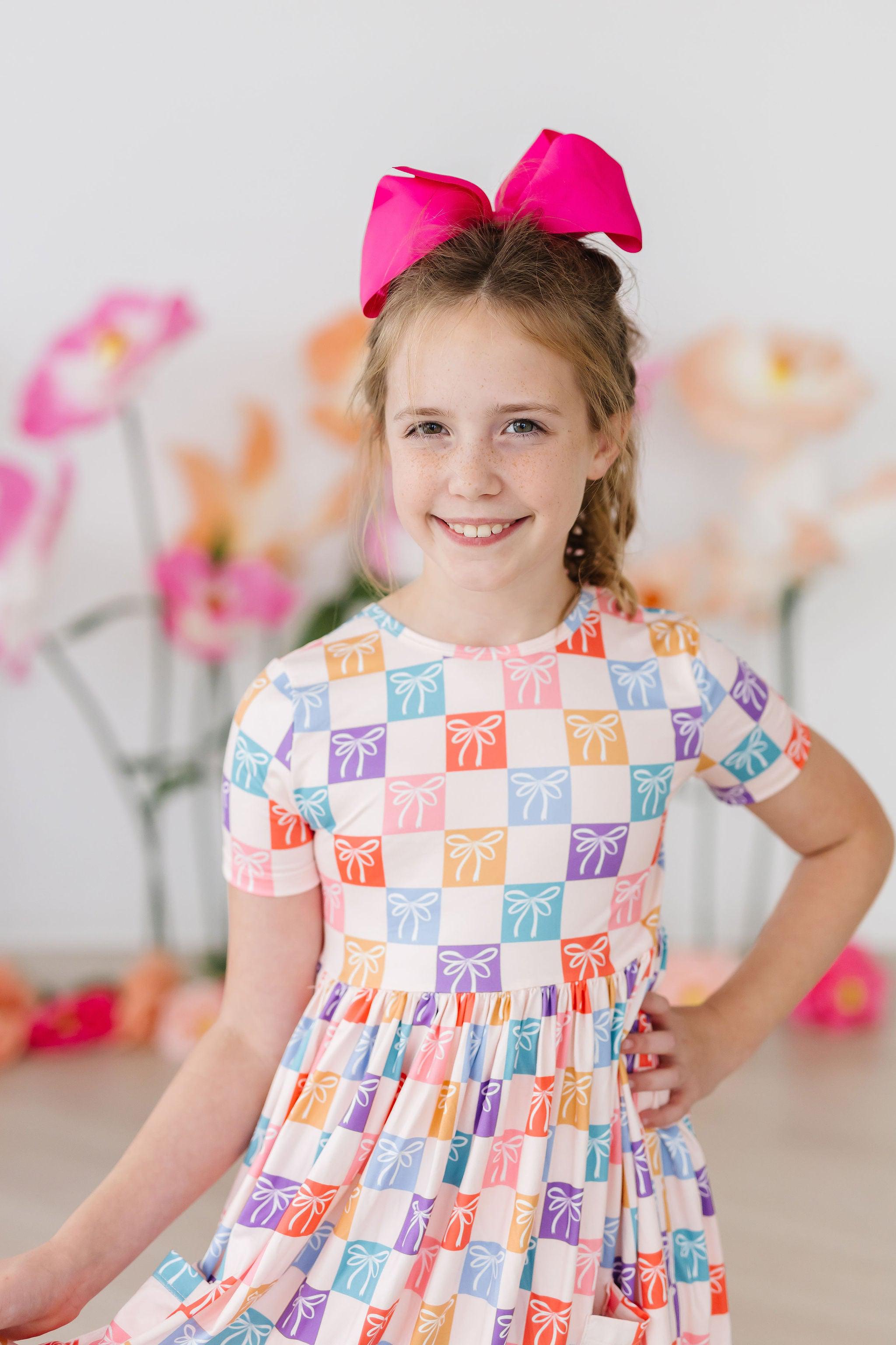 Rainbow Ribbon Short Sleeve Pocket Twirl Dress for Girls - Perfect for Birthday Parties, Dance Performances & Summer Outfits
