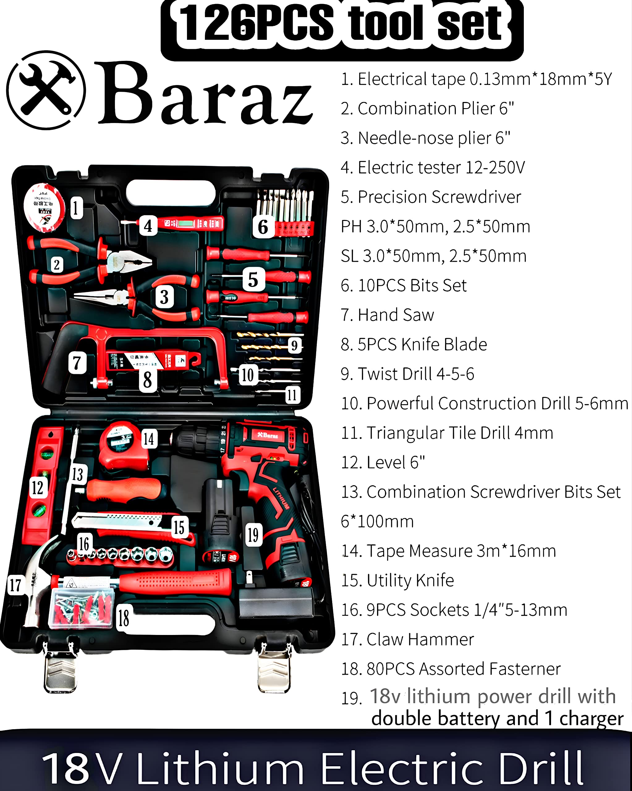 18V Cordless Drill & 126-Piece Tool Set with 2 Batteries - Professional Home Repair Kit for DIY, Construction, Office & Garden Maintenance - Complete Power Tool Combo for Household, Workshop & Handyman Projects