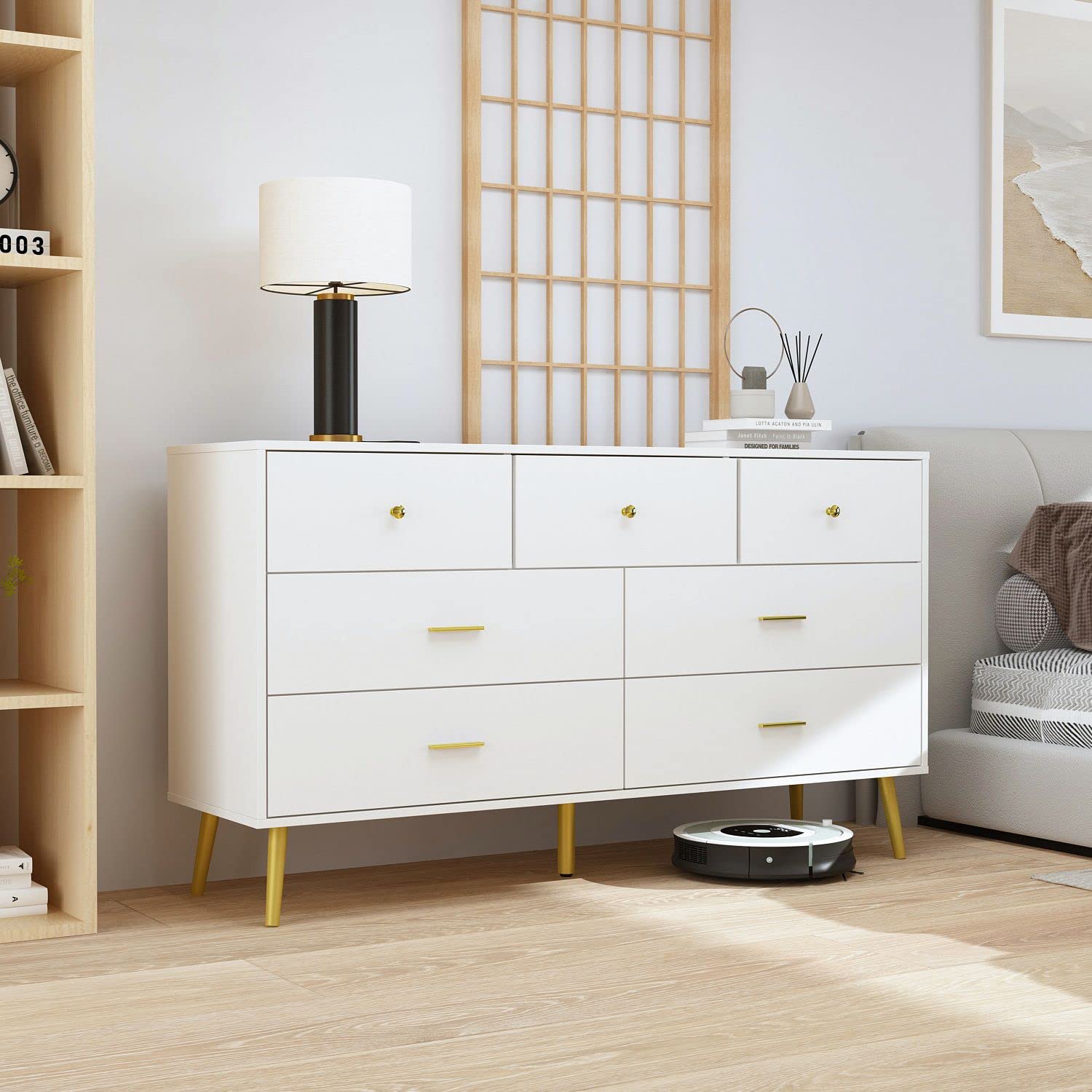 FAMAPY 7-Drawer Wooden Dresser with Gold Metal Legs - White Chest of Drawers for Bedroom & Closet Storage (55.9”W x 15.7”D x 31.5”H) - Perfect for Organizing Clothes, Linens, and Accessories in Modern Home Decor