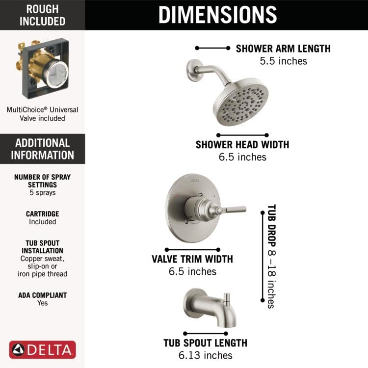 Saylor 14 Series Brushed Nickel Tub and Shower Faucet Combo with Valve - Modern Bathtub & Shower System, Shower Trim Kit & Faucet Set for Bathroom Renovation - Durable Stainless Steel T14435-SS (Perfect for Home, Hotel & Spa Bathrooms)