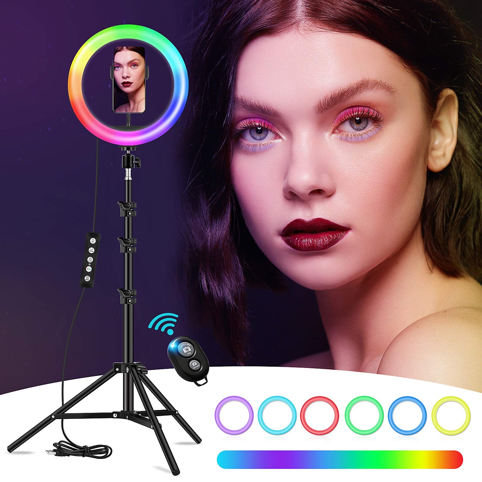 ZXCVASDF 10-inch RGB Dimmable Ring Light with 14 Color Modes - Adjustable LED Ring Light with Tripod Stand & Phone Holder for YouTube Videos, Live Streaming, Makeup, Photography - Compatible with iPhone & Android Devices - Perfect for Home Studio, TikTok Content Creation, and Professional Beauty Shoots