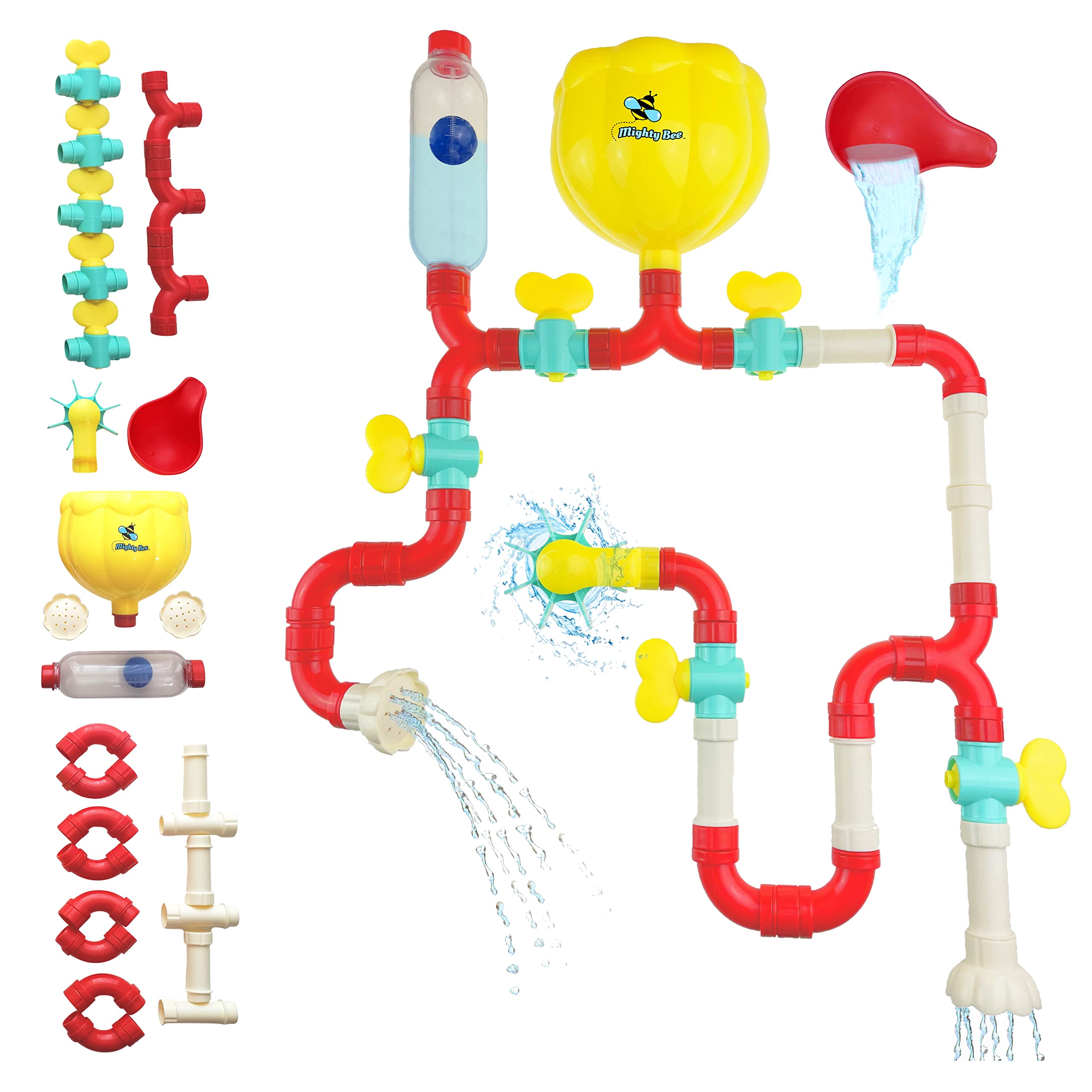 Mighty Bee Bath Toys Expansion Set - 31 Piece Pipes & Valves STEM Building Kit for Kids Ages 4-8 | Water Play Learning Toys with Super Suction Cups | Perfect for Shower, Bath Time & Outdoor Water Table Fun