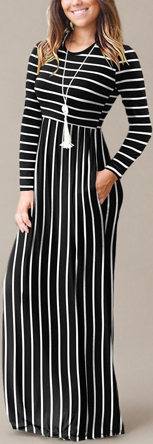 EUOVMY Women's Long Sleeve Loose Maxi Dresses - Casual Flowy Long Dresses with Pockets for Spring/Summer/Fall, Perfect for Beach, Vacation, and Everyday Wear