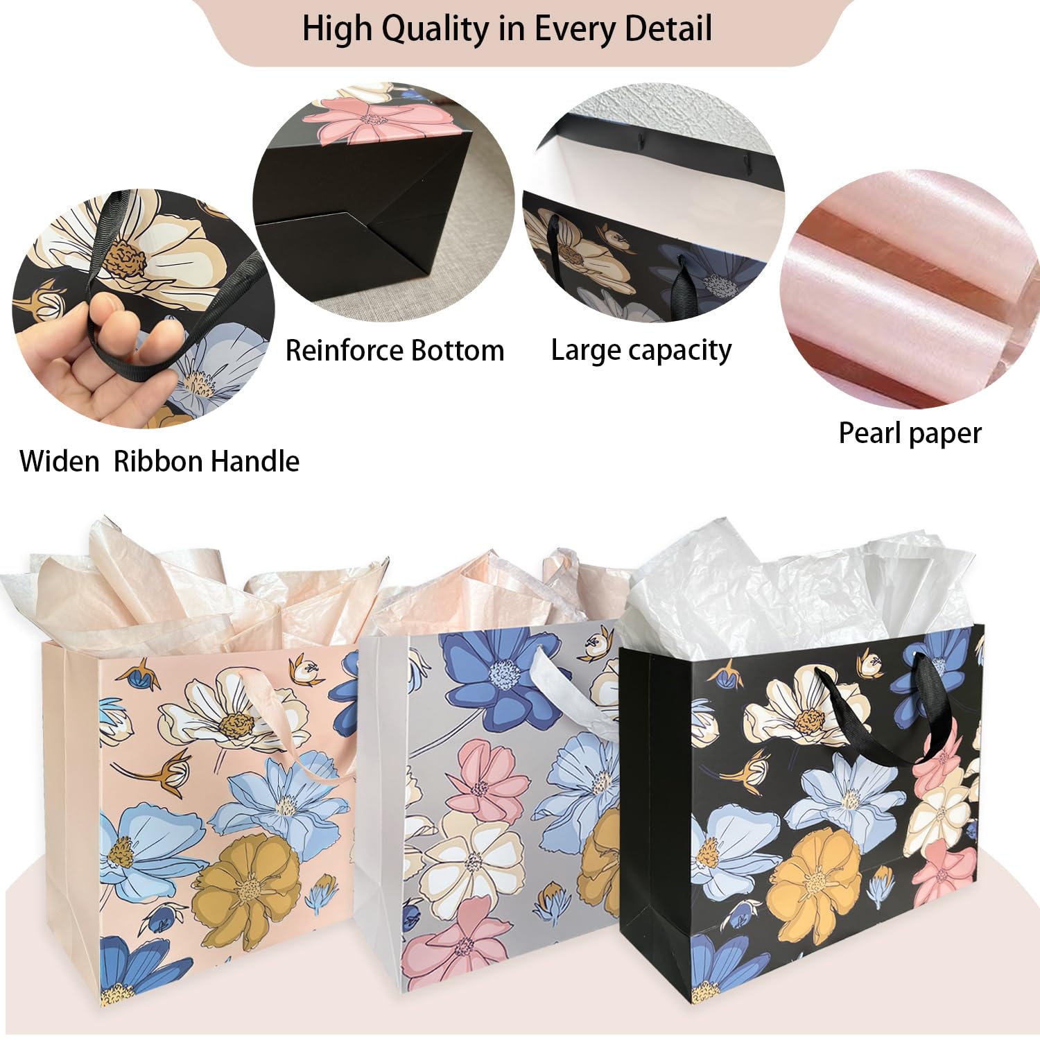 AMROSE 13'' Floral Gift Bags 3PK with Card - Recyclable for Birthdays & Weddings