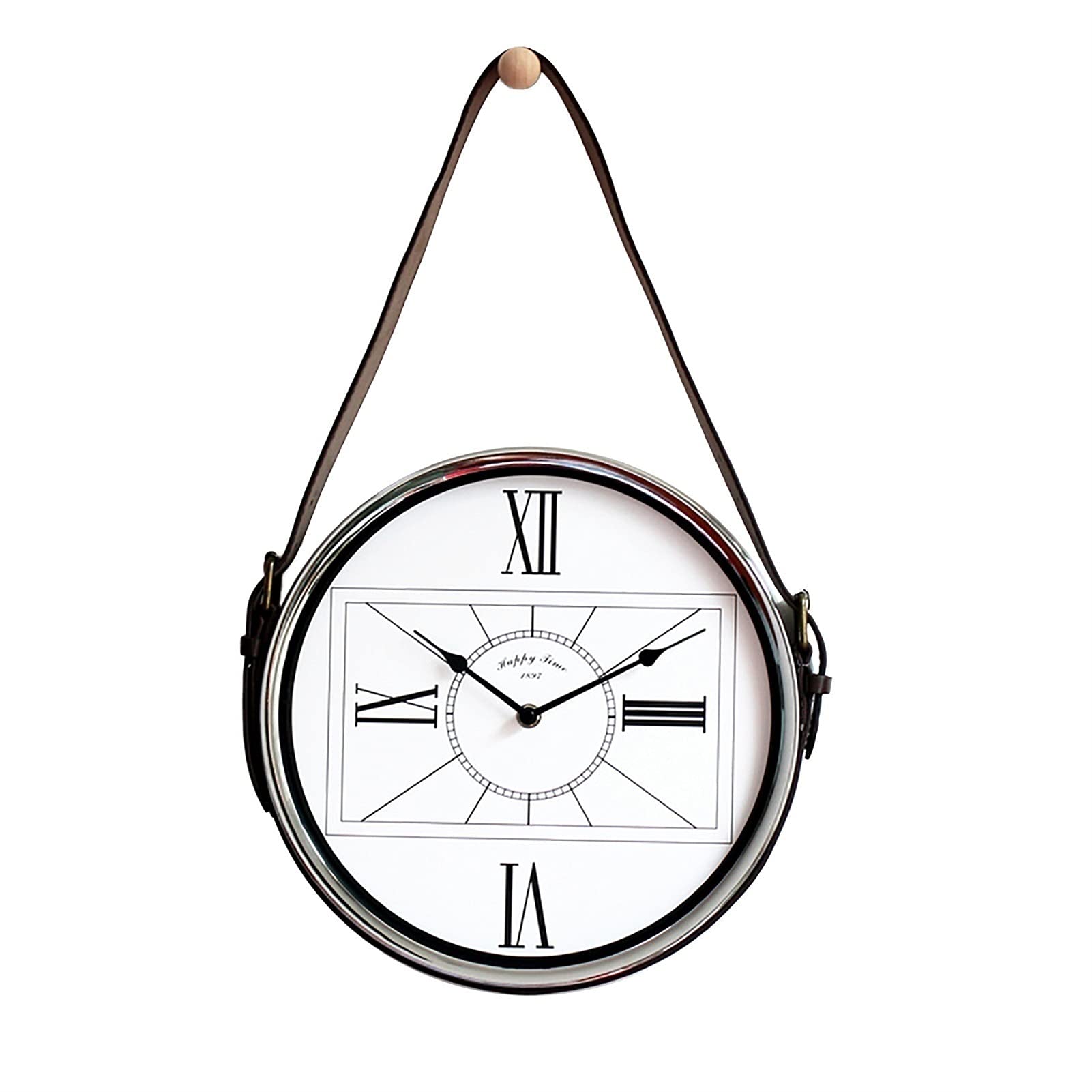 12 Inch Round Metal Wall Clock with Roman Numerals - Battery Operated Quartz Clock, Silver Frame & Brown Leather Strap - Perfect for Living Room, Bedroom, Office Decor