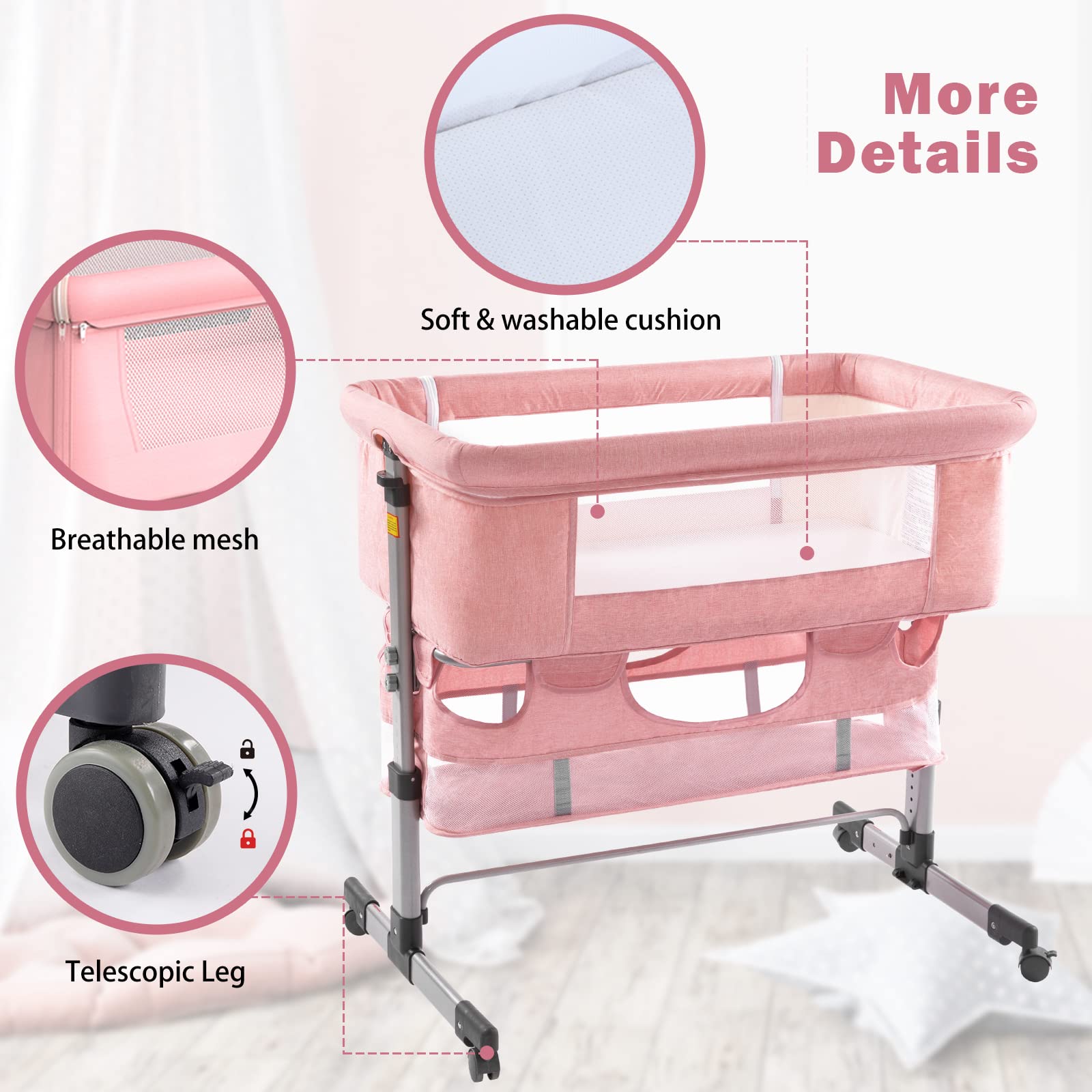 Ihoming Baby Bassinet Bedside Sleeper - Adjustable Folding Crib with Storage Basket for Newborns & Infants | Portable Nursery Bed for Bedroom, Travel & Home Use (Pink)