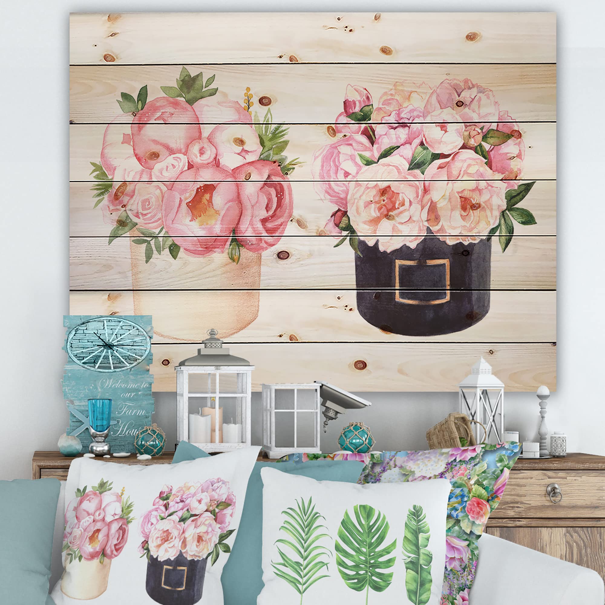 Farmhouse Floral Wall Decor - Large Peonies and Roses Wood Wall Art Panel, Pink Floral Print on Natural Pine Wood - Perfect for Living Room, Bedroom, or Farmhouse Style Home Decor