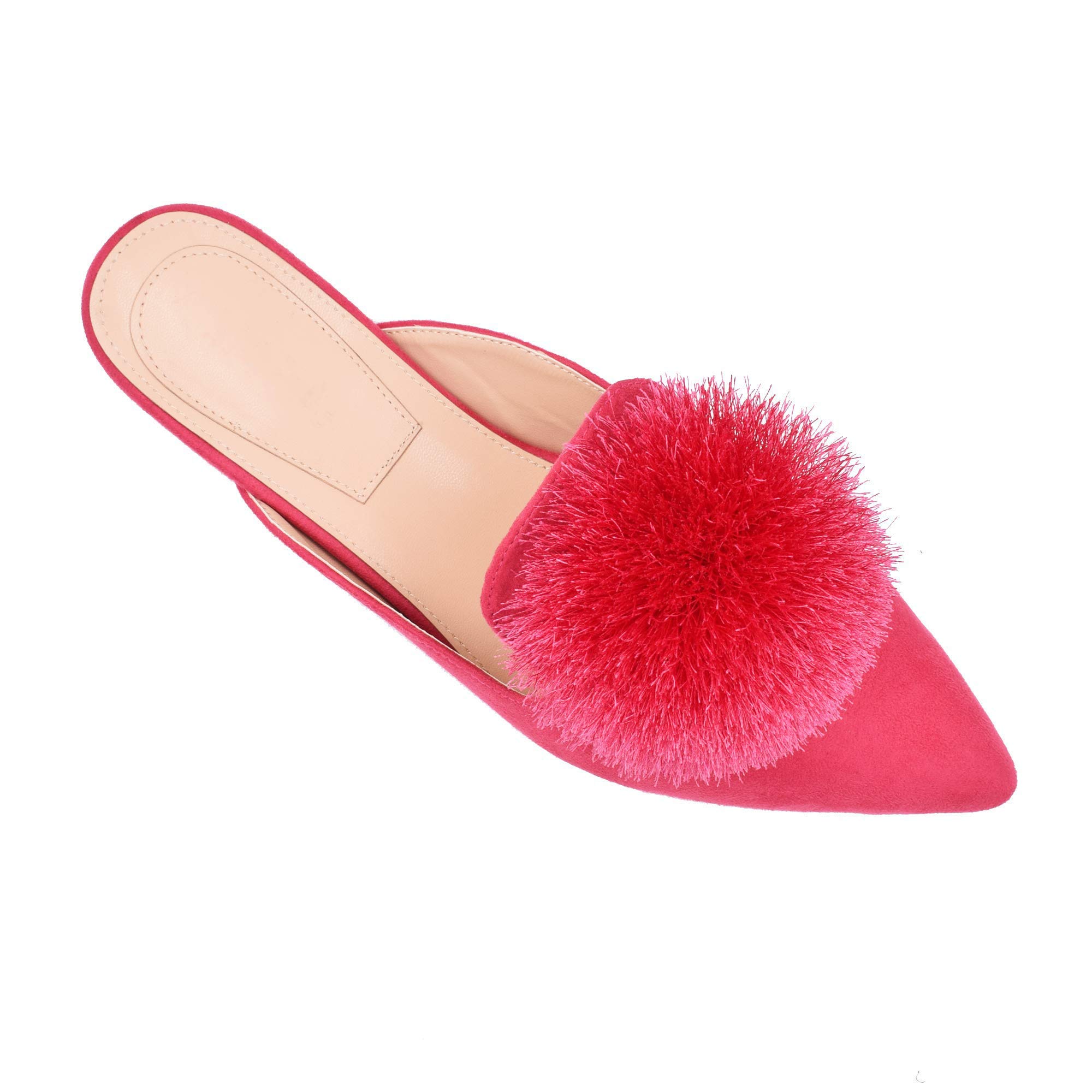Fericzot Women's Slip On Mule Loafers - Backless Casual Flats with Puff Pompom Detail, Pointed Toe Comfortable House Slippers for Women | Perfect for Home, Office & Outdoor Wear