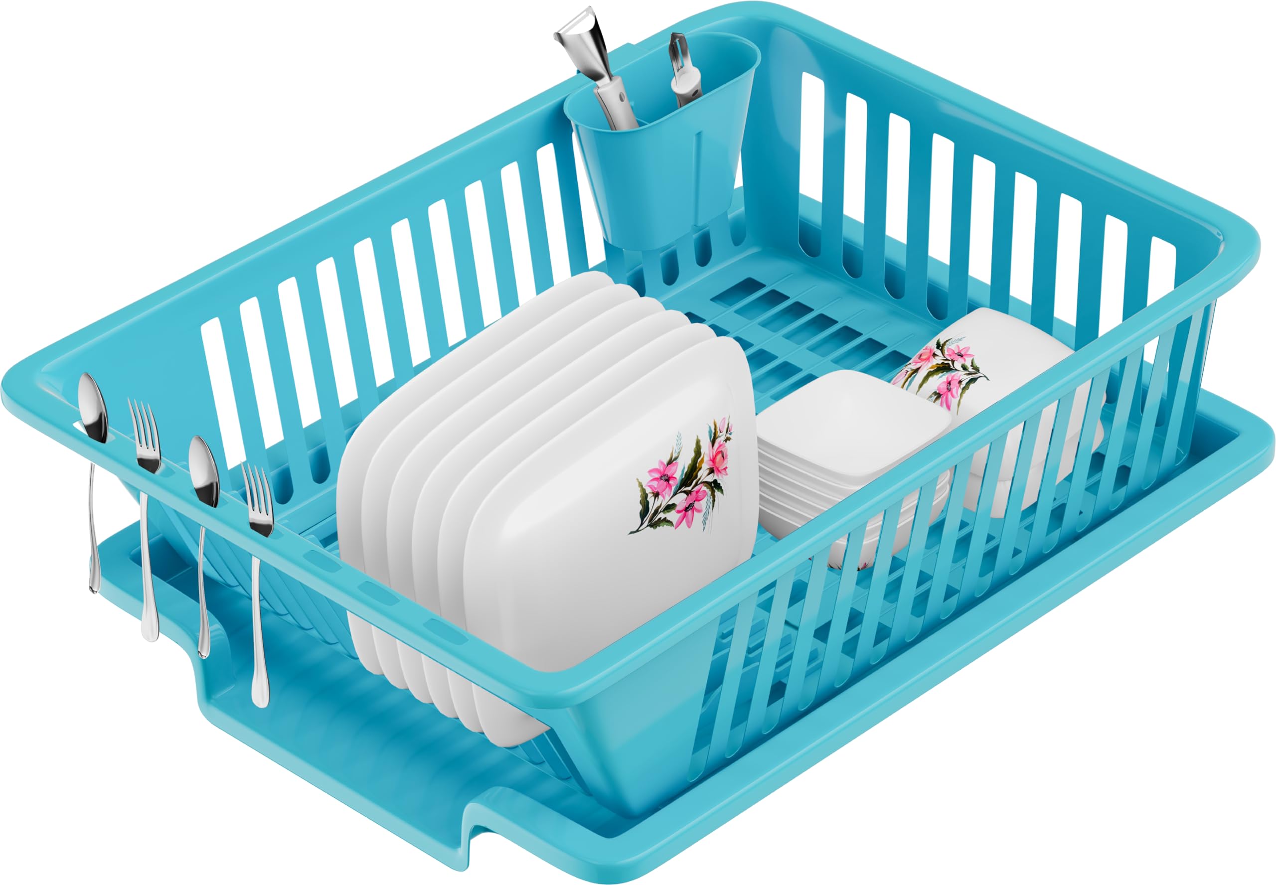 Floraware 3-in-1 Large Glossy Plastic Utensil Basket with Spoon Holder & Removable Dish Drainer - Durable, Lightweight, Unbreakable Modular Kitchen Organizer (Blue) - Perfect for Dish Drying, Utensil Storage & Countertop Organization