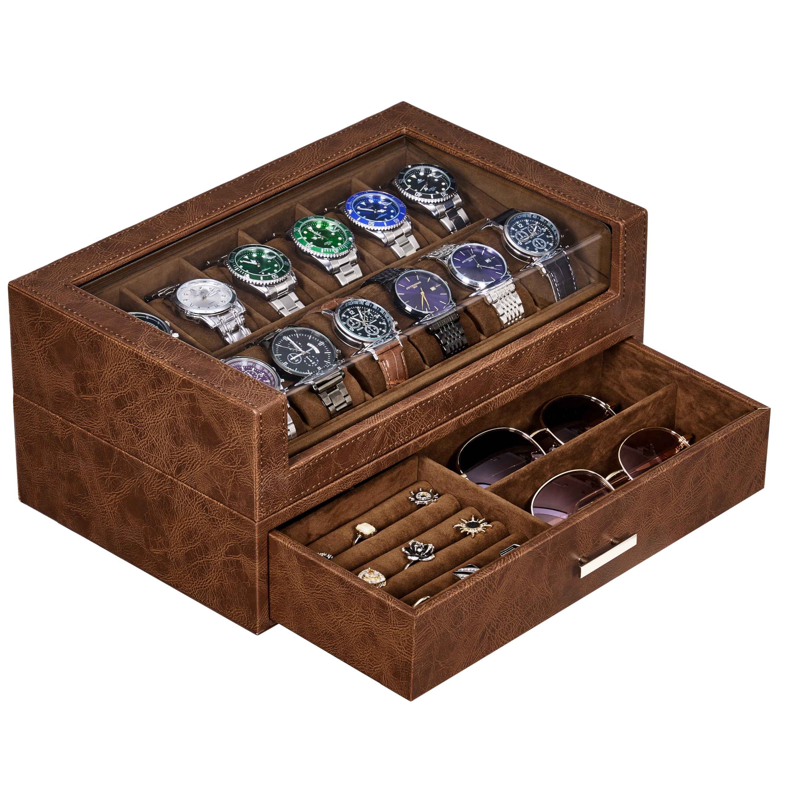 BEWISHOME 12 Slot Luxury Watch Box Organizer with Clear Acrylic Lid - Wooden Watch Display Case for Men, Jewelry & Sunglasses Storage (Brown SSH22Z) - Perfect for Watch Collectors, Gift Giving & Home Décor