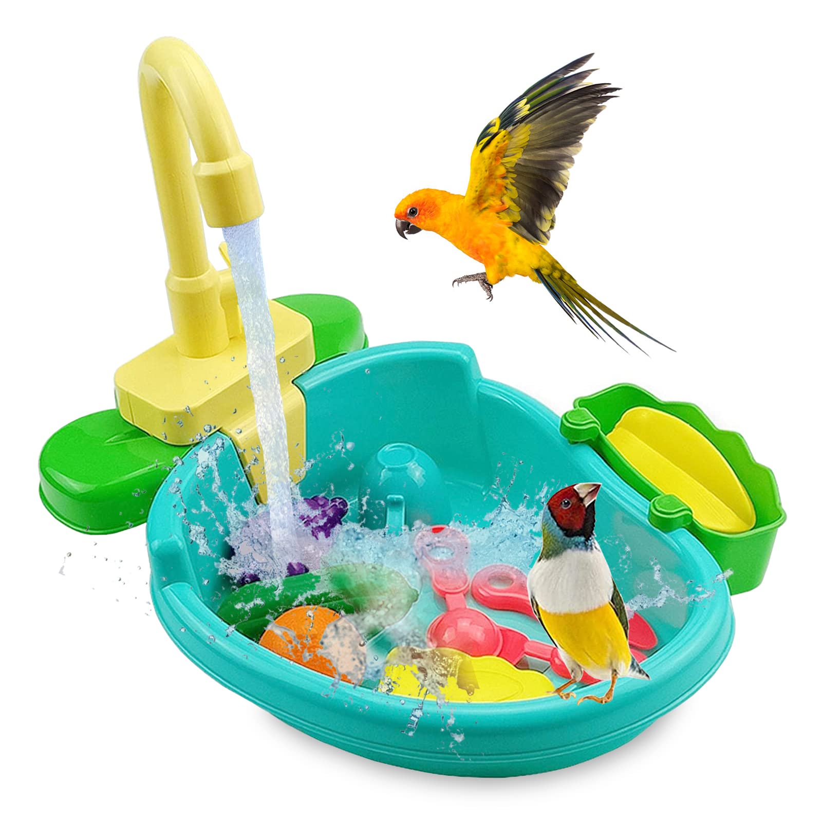 Automatic Bird Bathtub with Faucet - Self-Filling Parrot Bath Tub for Small & Medium Birds | Multifunctional Shower, Feeder & Swimming Pool Toy | Perfect for Cage, Aviary & Outdoor Bird Play