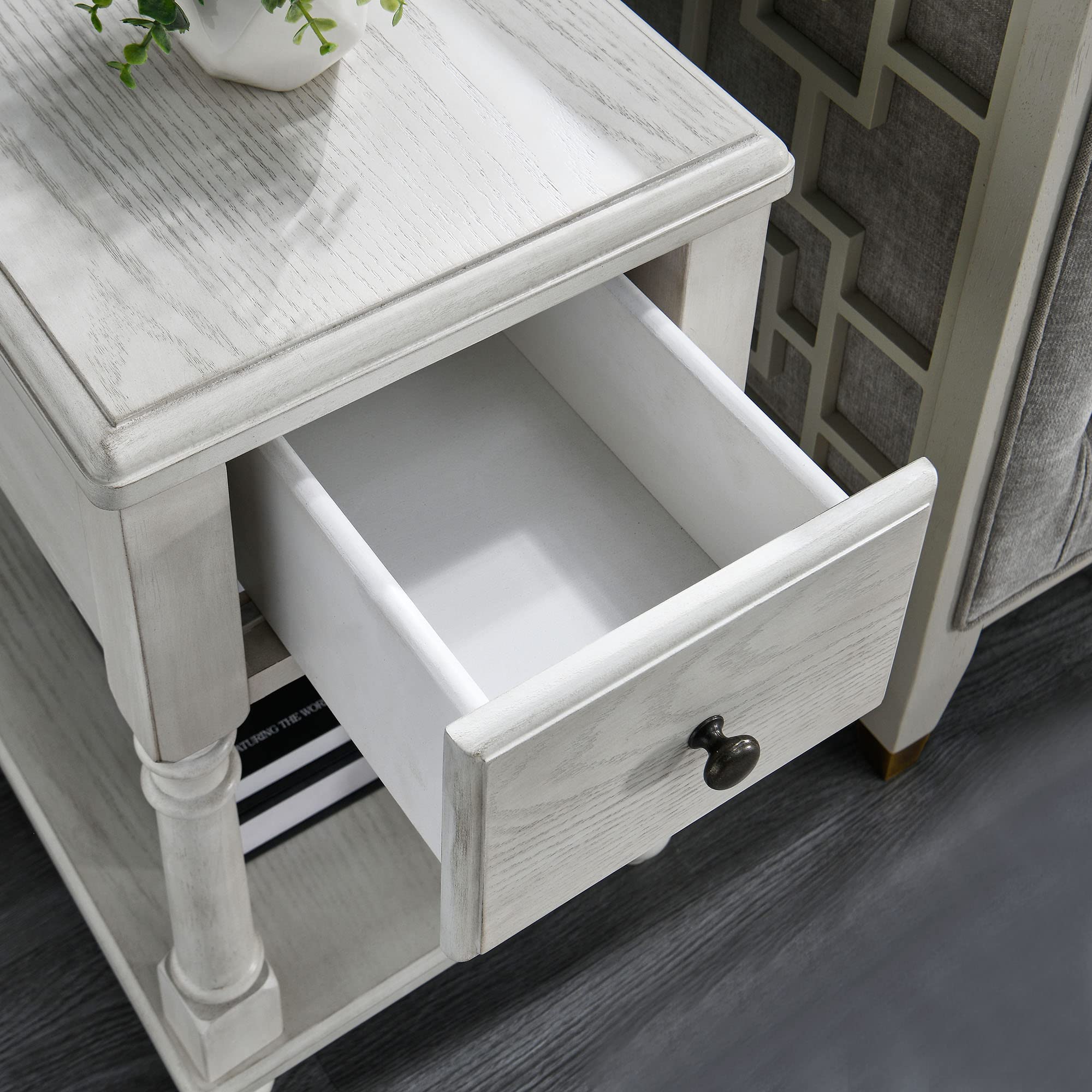 Solid Wood Narrow End Table with Drawer - Slim Sofa Side Table with Storage Shelves & Easy Assembly (22