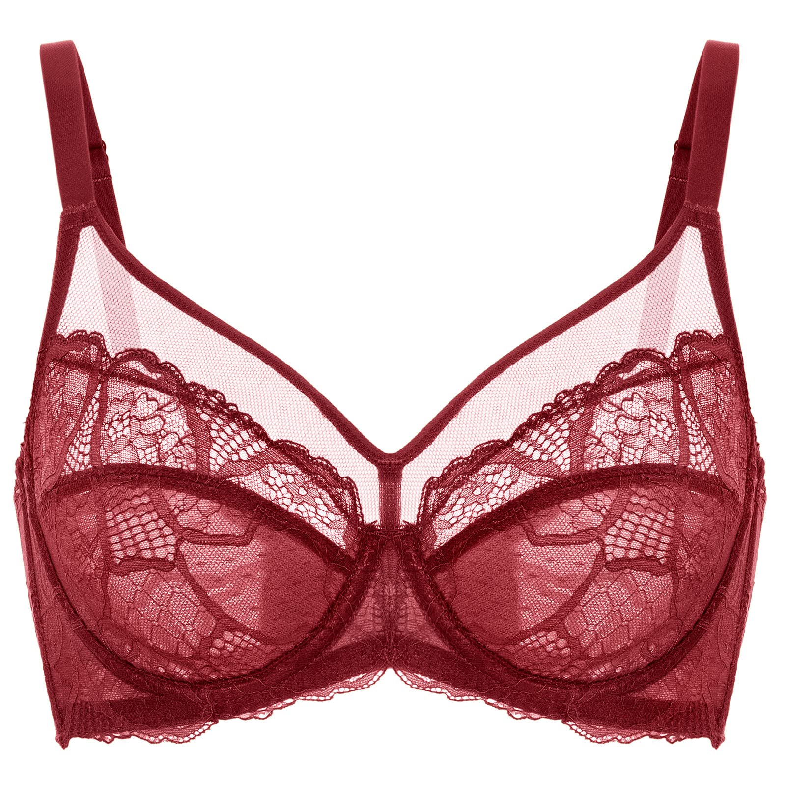 DOBREVA Women's Sexy Lace Sheer Bra - Unlined Minimizer Underwire Full Coverage See-Through Bras for Everyday Wear & Special Occasions