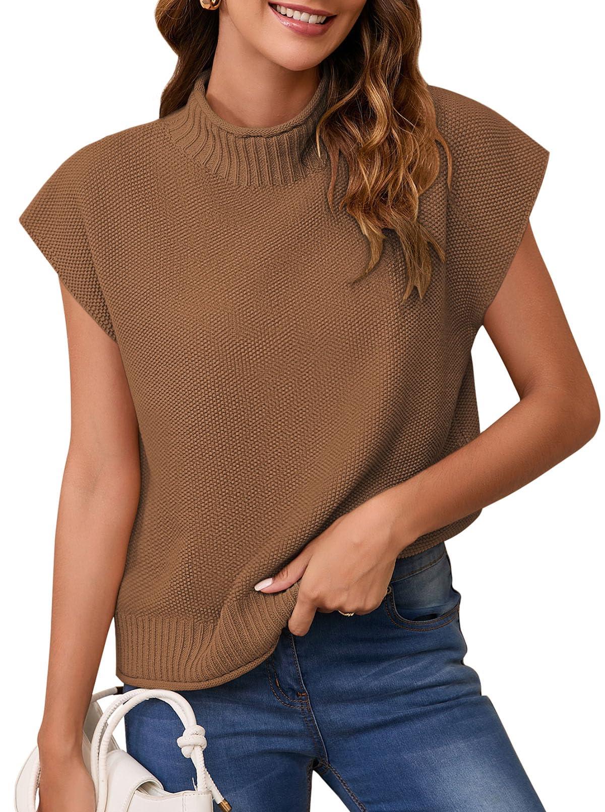 Pink Queen Women's 2025 Spring Mock Neck Sweater Vest - Cap Sleeve Pullover Knit Top for Casual Wear & Office Outfits