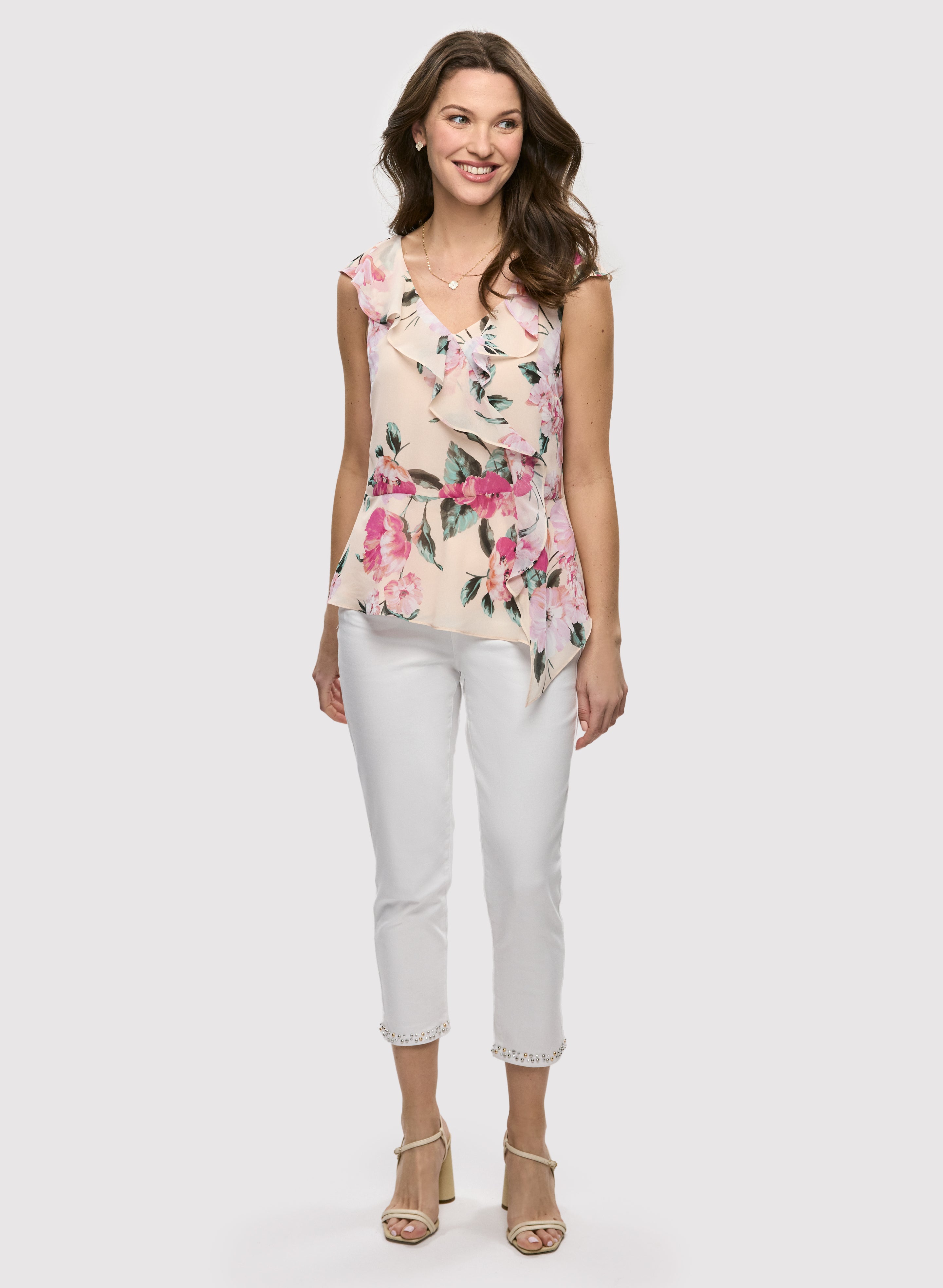 Floral Print Ruffle Blouse with Stud Detail Capris - Women's Stylish Summer Outfit for Casual Wear & Date Night